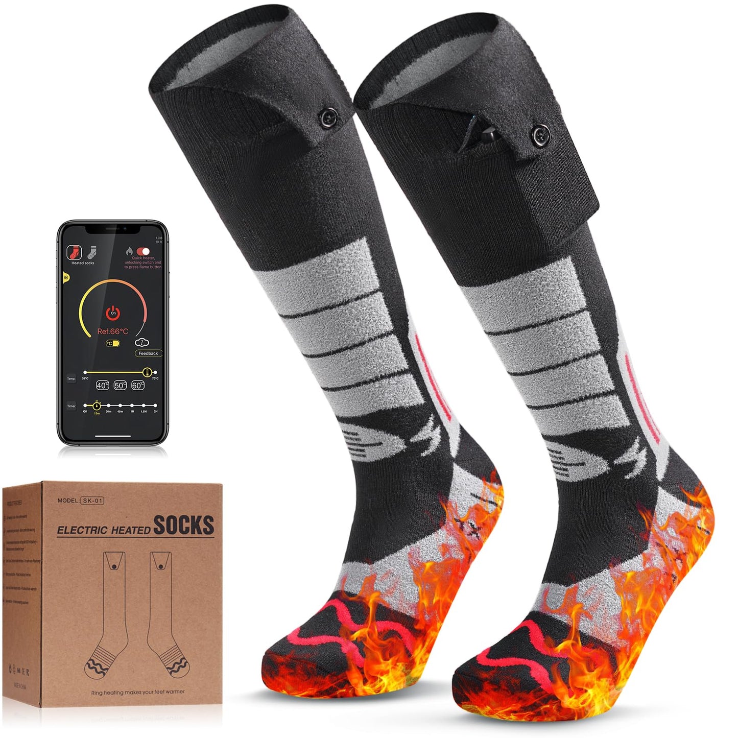 Electric heating socks, 5000mAh rechargeable heated socks with 3 heat settings and APP remote control. 2022 battery heated socks for men and women for hiking, camping, skiing, hunting.