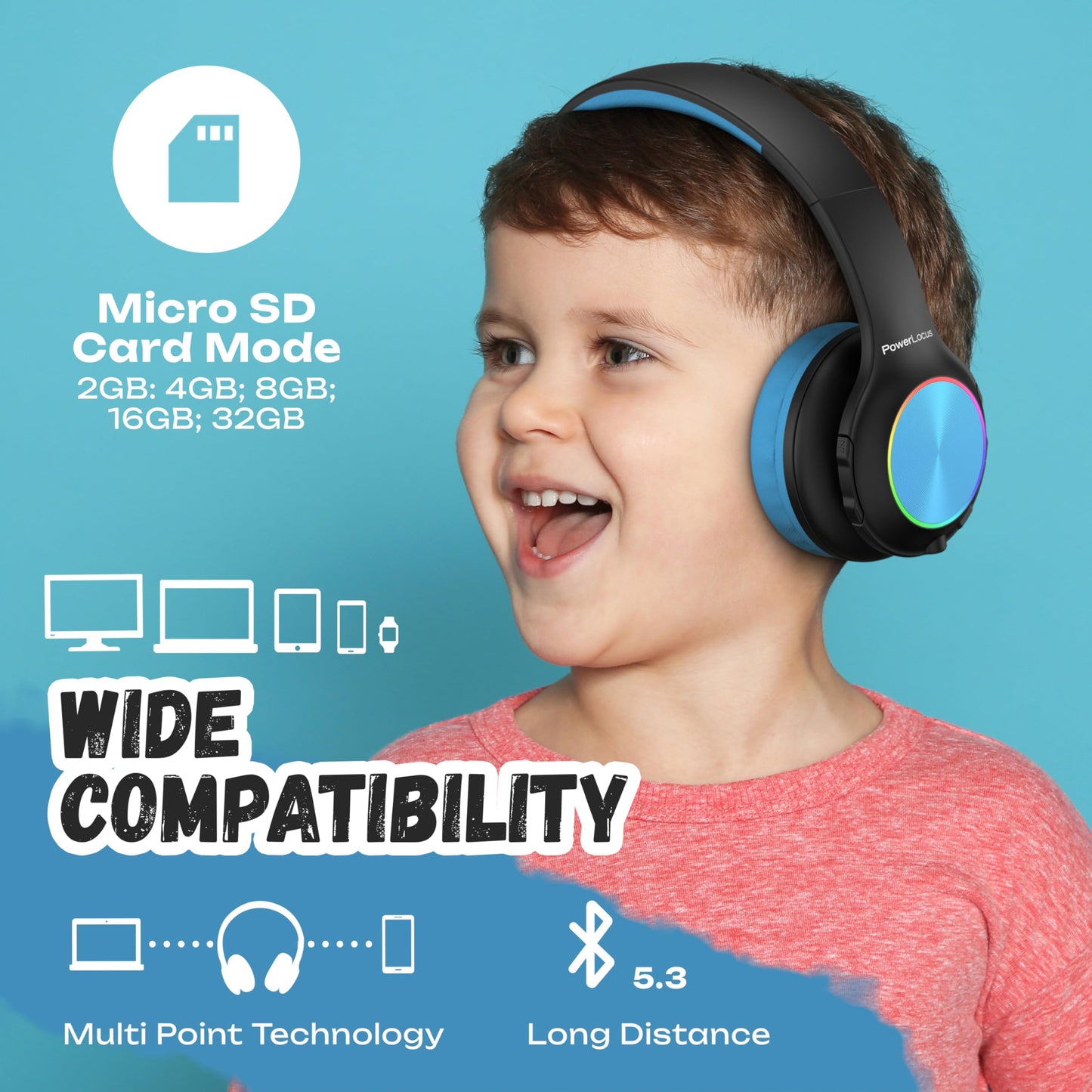 Kids Bluetooth headphones, PowerLocus kids wireless headphones with LED lights, 74/85/94dB volume limiter, foldable headset, HD stereo, micro SD, built-in microphone for school/laptop/phone/TV.