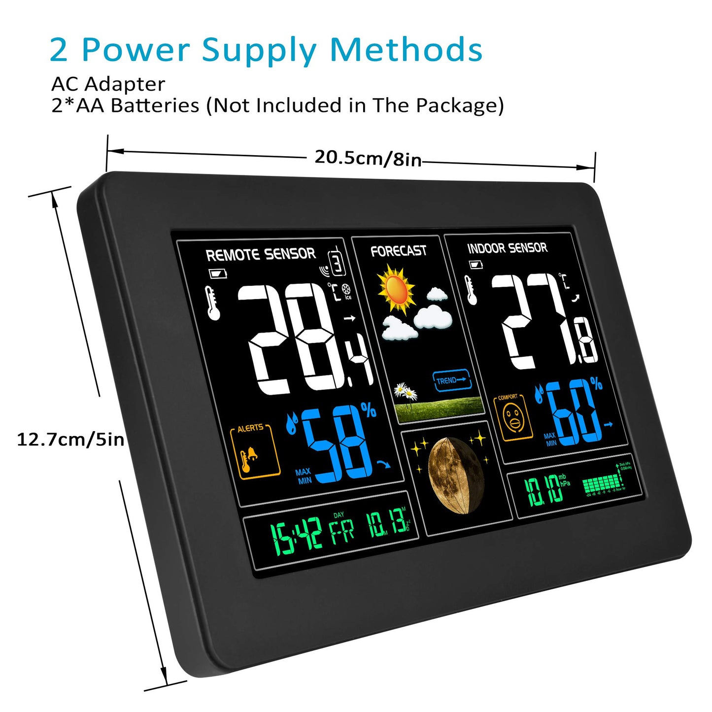 Kalawen weather station with indoor and outdoor temperature, weather forecast, DCF radio clock, battery and mains powered, black.