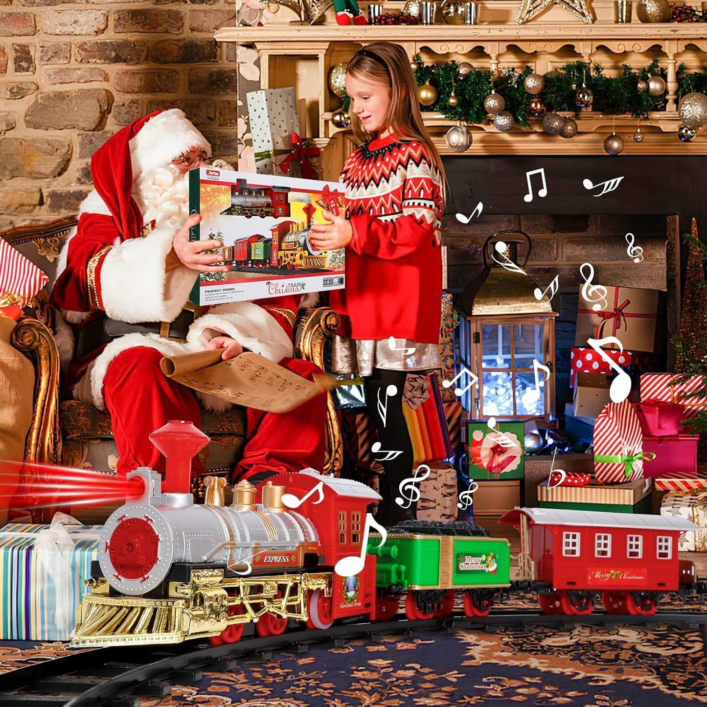 Christmas Train Set, Electric train for kids with sounds, Christmas train around the Christmas tree, Christmas Day gifts for 3-10+ year old boys and girls.