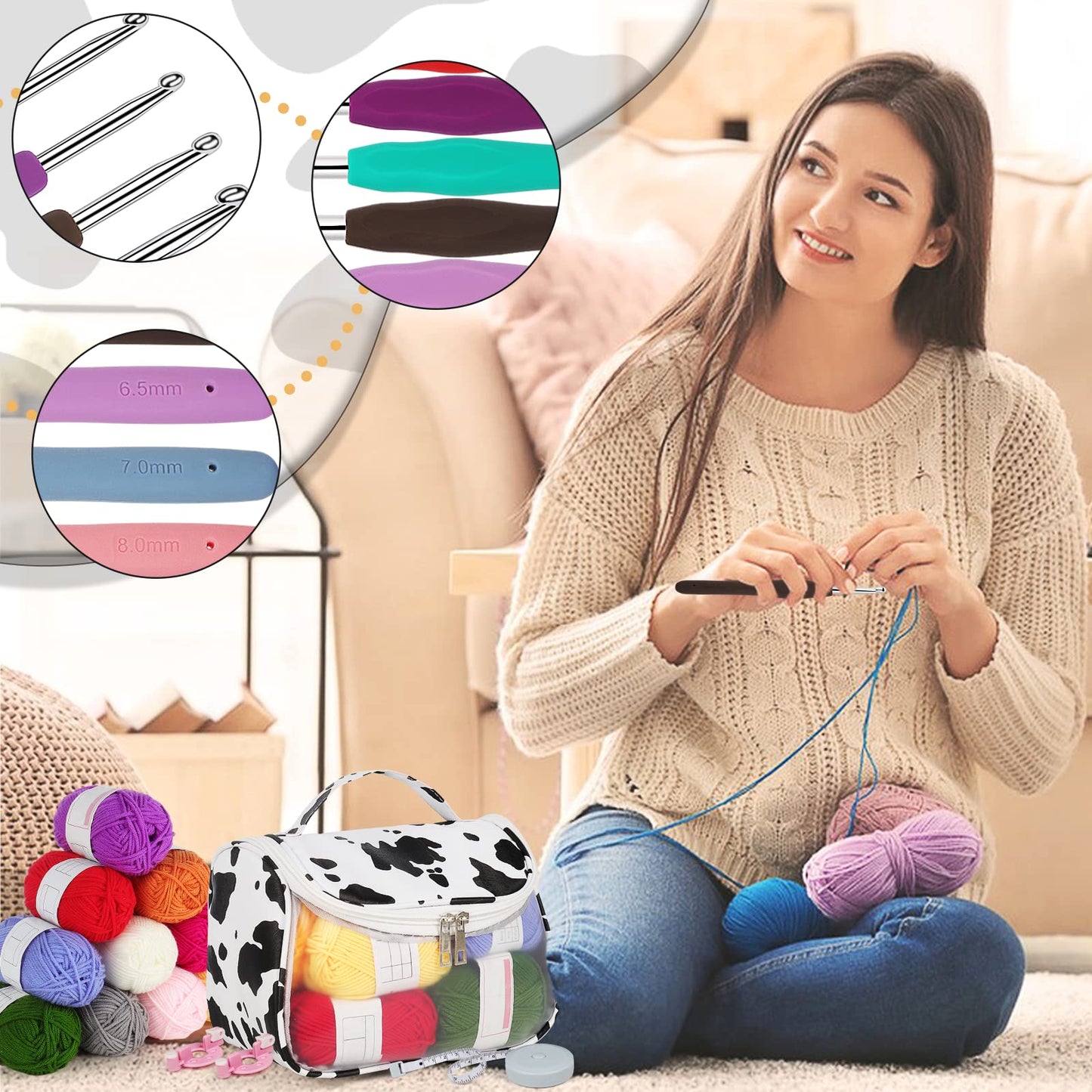 Aeeque beginner crochet set with acrylic yarn, crochet hooks set with accessories, bag, crochet needle for crocheting blankets hats sweaters, Lightweight crochet set Ergonomic 0.6mm - 8.0mm