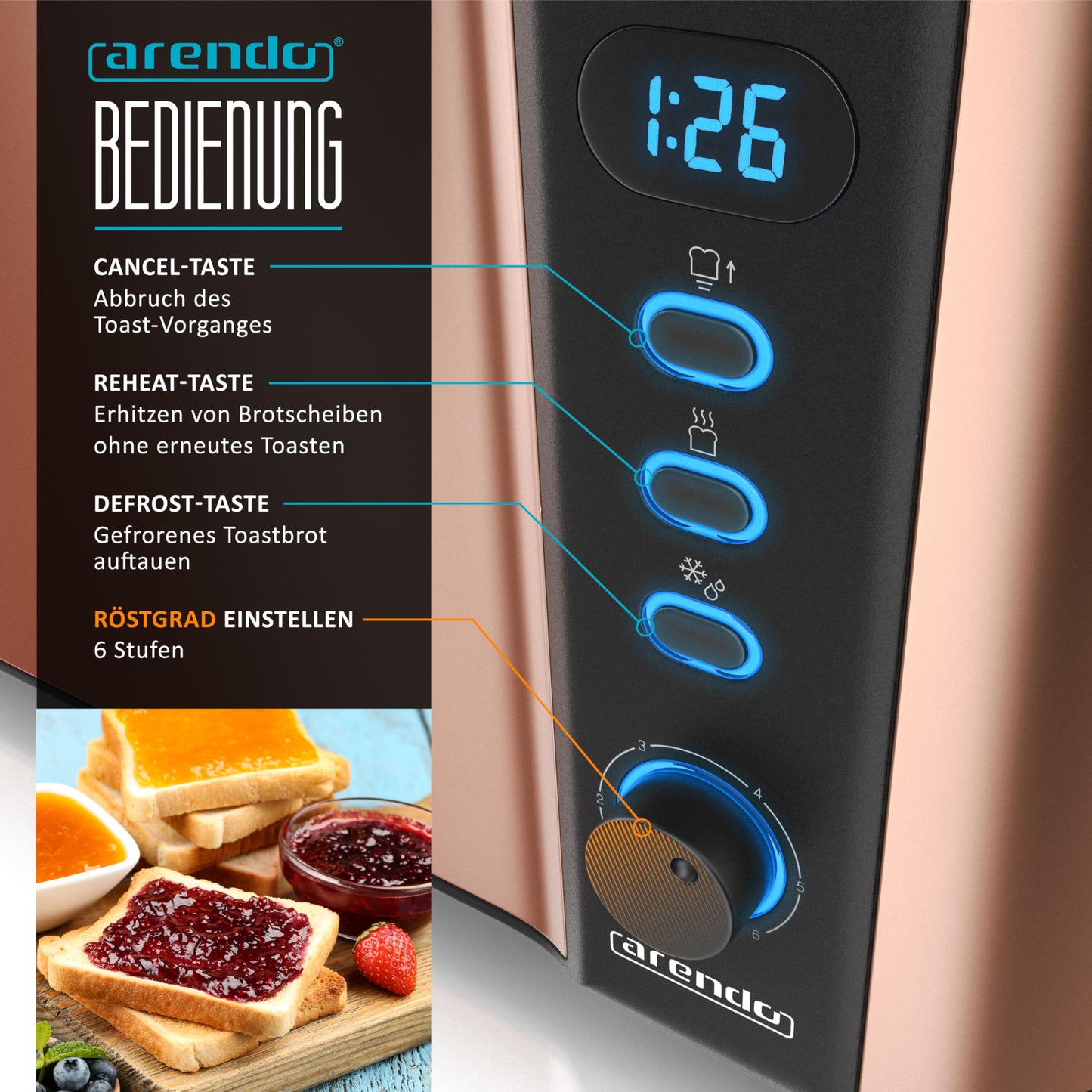 Arendo - Stainless Steel Long Slot 4-Slice Toaster - Defrost Function - Heat-insulating housing - with integrated roll attachment - 1500W - Crumb tray - Display with remaining time display - Copper