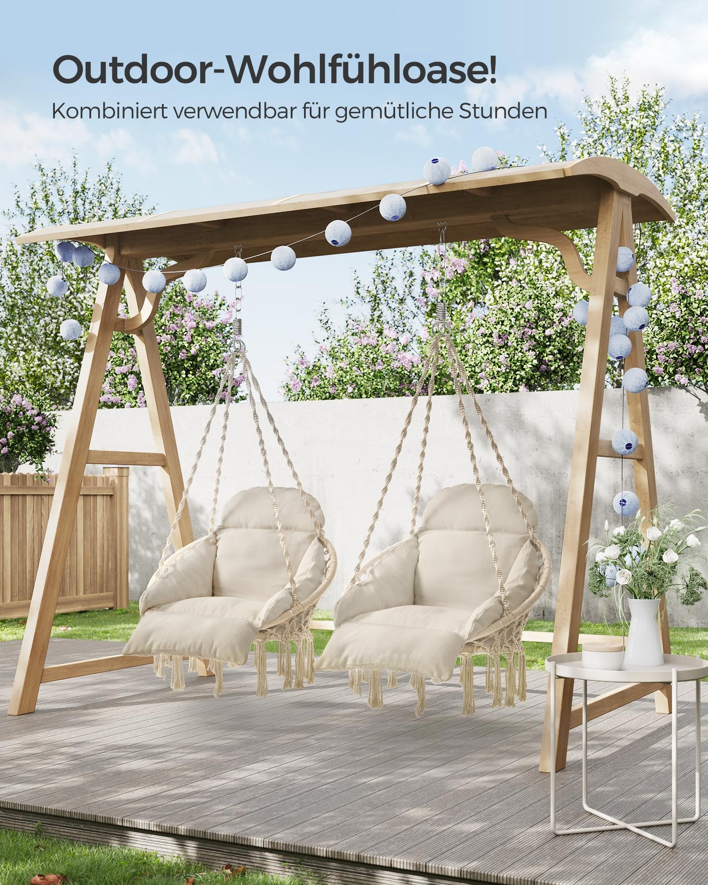 SONGMICS Hanging Chair, Swing Chair, Hammock Chair, Thick Cushion, Scandinavian Style, for Living Room, Patio, Garden, Balcony, Holds up to 120 kg, Accessories Included, Cream White GDC042M01