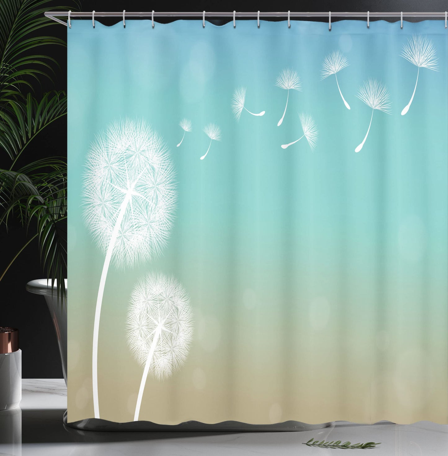 ABAKUHAUS Dandelion Shower Curtain, Blowball in Wind, Fabric Bathroom Decor Set with Hooks, 175 x 240 cm, Turquoise Tan White.
