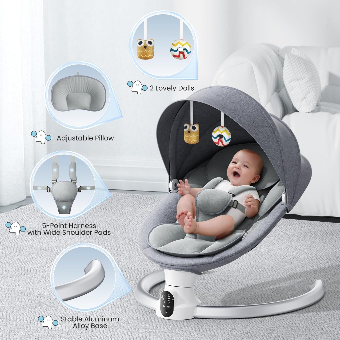 Kotsy Baby Bouncer Electric with APP control adjustment, electric baby swing with 5 natural swinging speeds, with timing, with remote control, 0-9 kg, music, toys.