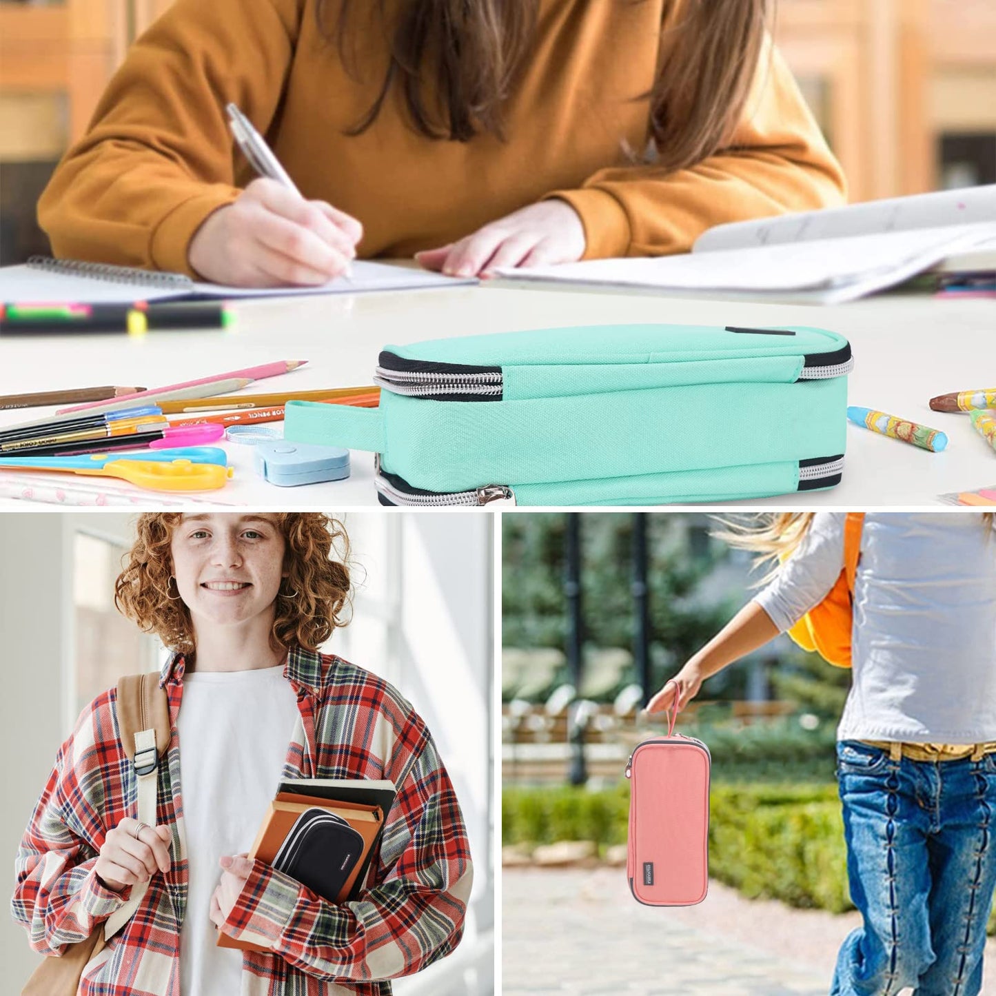 COLOCASTLE Pencil Case Large with 3 Compartments Pencil Pouch for Girls Boys Teenagers School Office (Gray)