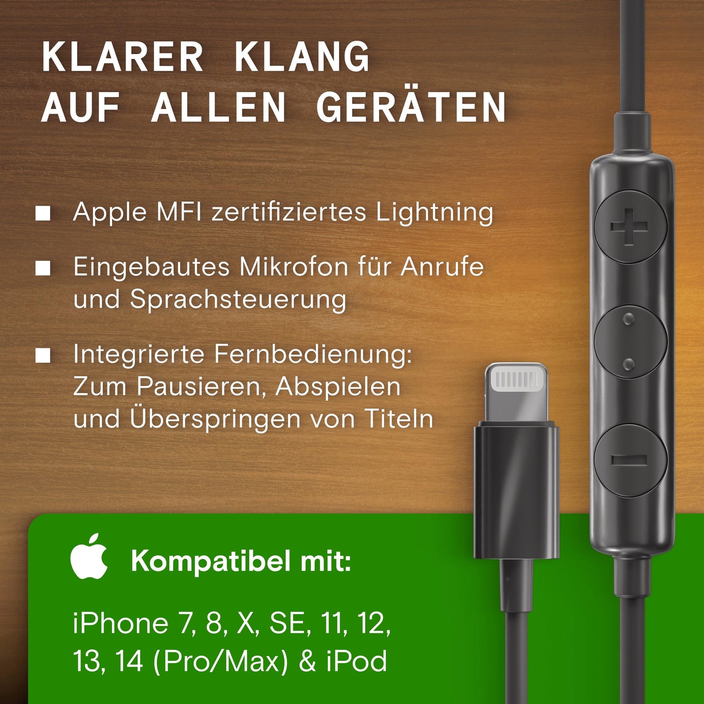 Symphonized® iPhone headphones with Apple MFI certification, wired headphones for iPhone, noise-cancelling in-ear headphones, 8mm bass, 3D sound from Bubinga wood, volume control for iPhone and iPad. NRG