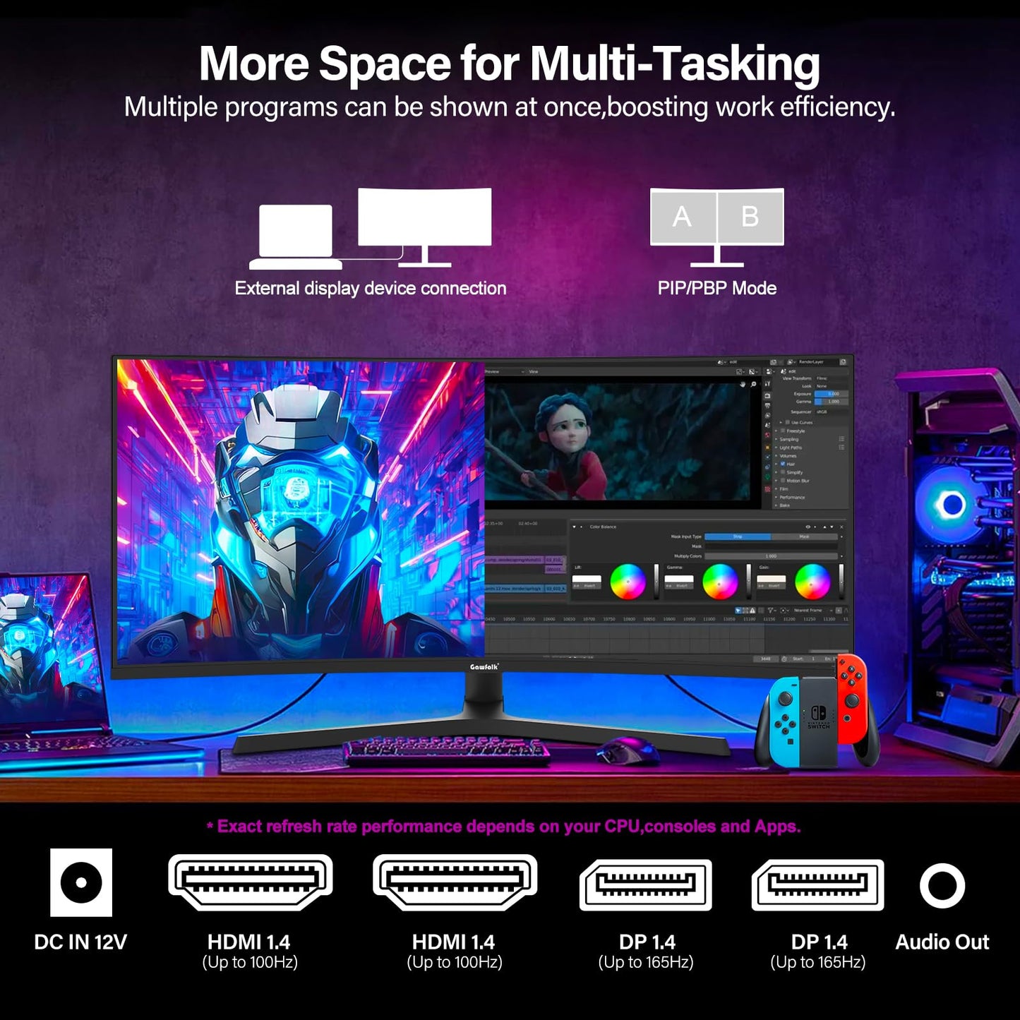 Gawfolk 34 inch Ultrawide Curved Gaming Monitor 165Hz, 1500R PC Screen UWQHD 3440x1440 with Height Adjustment, Curved Computer Screen supports VESA 75 x 75 mm.