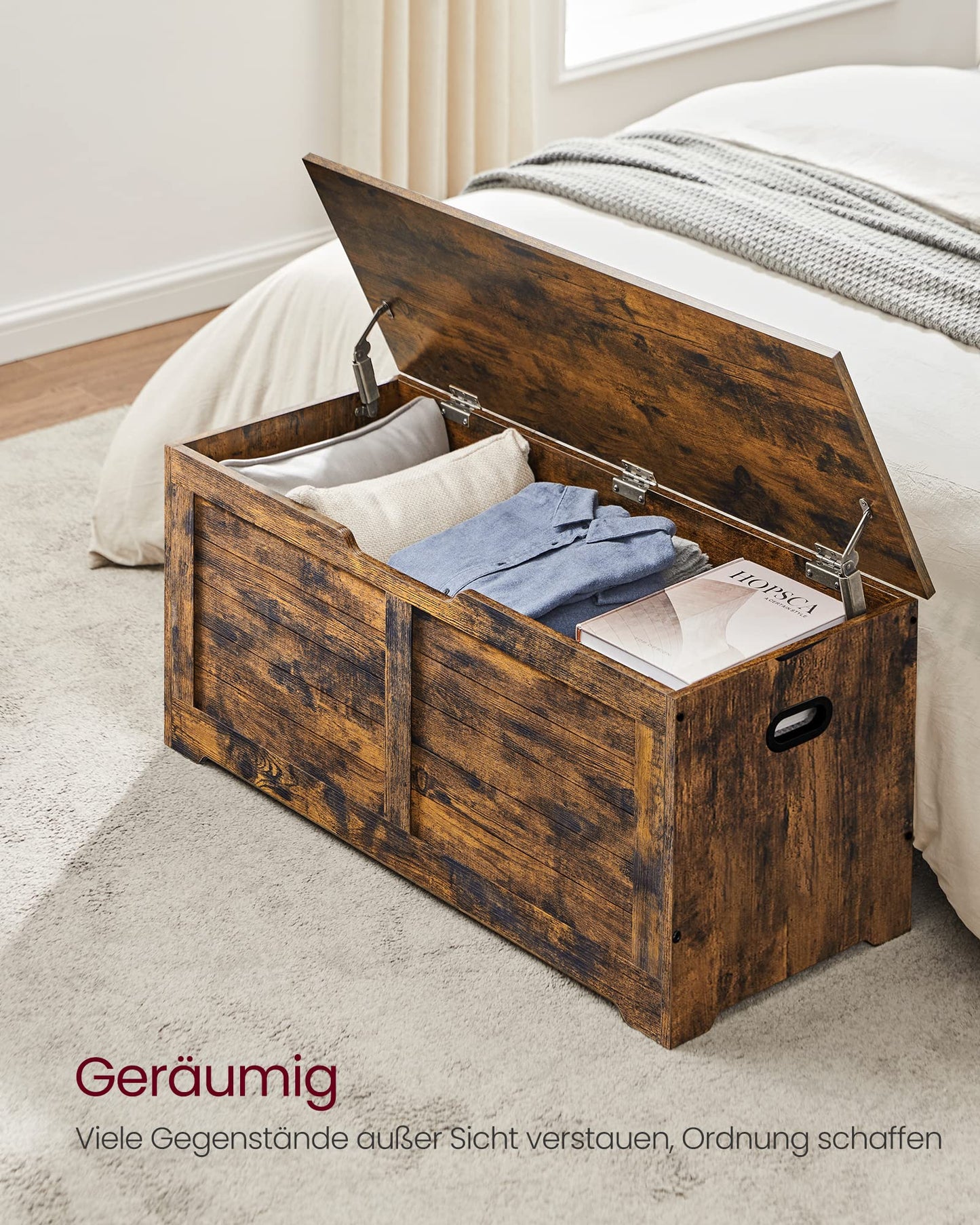VASAGLE Shoe Bench, Storage Bench with 2 safety hinges, Shoe Cabinet, Country Style, 40 x 100 x 46 cm, for Entryway, Bedroom, Living Room, Vintage Brown LSB061T01