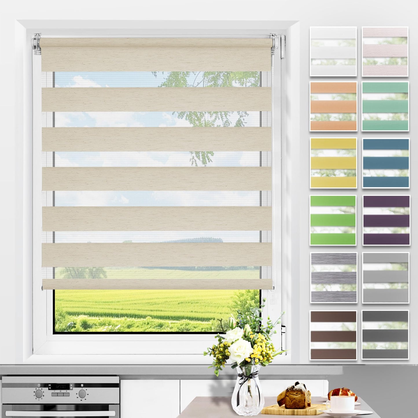 All in one double roller clamp without drilling & with drilling, Duo blinds for windows and doors, clamp roller blind translucent, privacy and sun protection, 85x190cm (WxH), linen