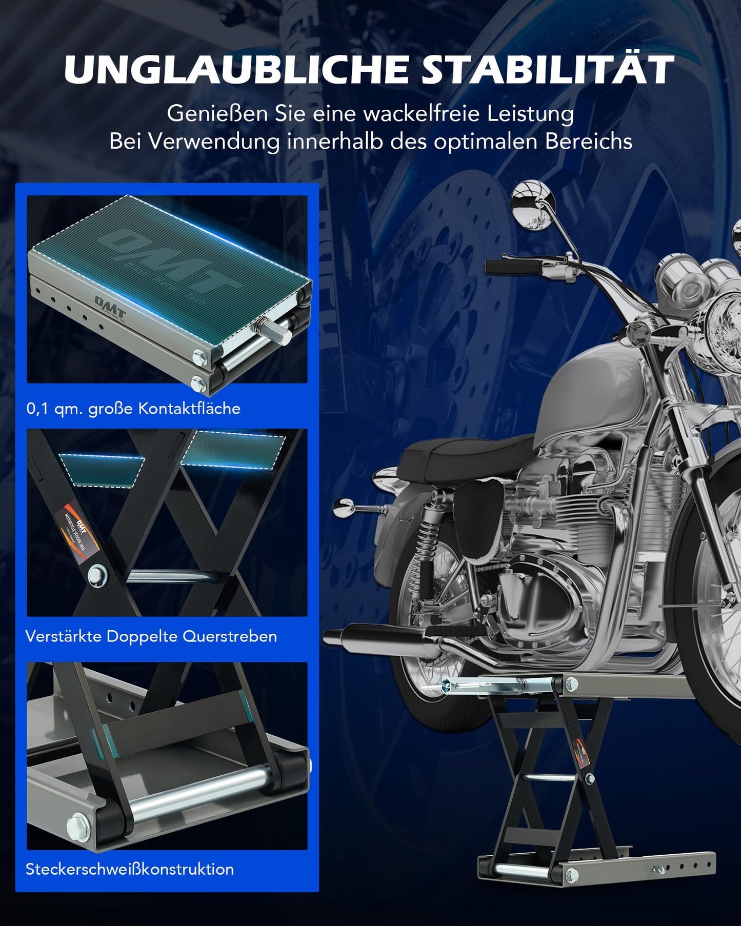 Orion Motor Tech motorcycle lift, height adjustable from 95-370mm, with a weight capacity of 500kg/1100 lbs. Ideal for motorcycle maintenance, this gray scissor lift stand is perfect for bike repairs.
