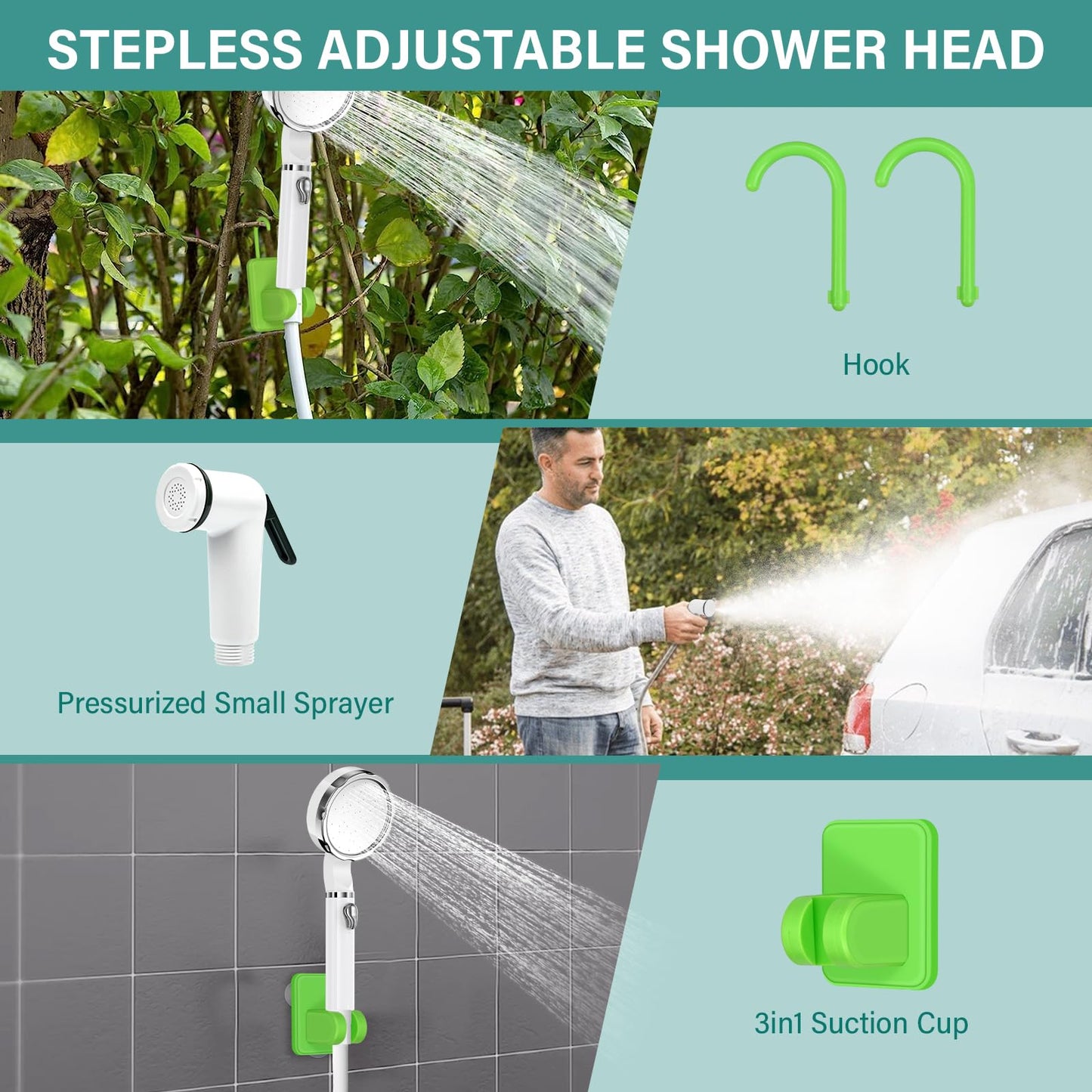 Upgrade portable camping shower, camping shower with rechargeable 6000mAh battery and temperature display, mobile shower set with shower head and hose for hiking, camping, traveling, beach, pet.