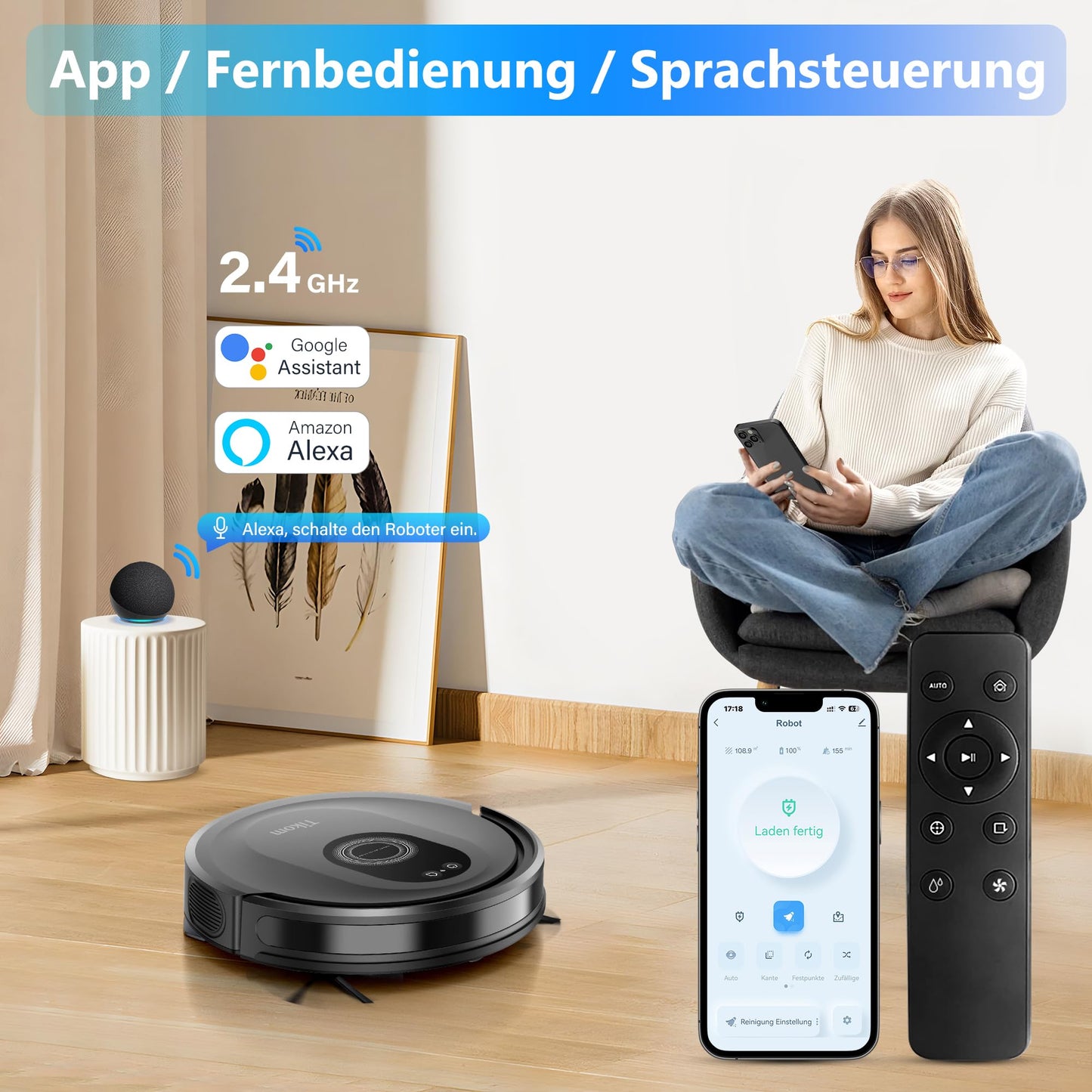 Tikom robot vacuum with mopping function 2 in 1, G8000 Max vacuum robot, 5000Pa strong suction robot vacuum cleaner, Self-charging, WiFi, 150Mins Max, Ideal for pet hair, carpet, hard floor.