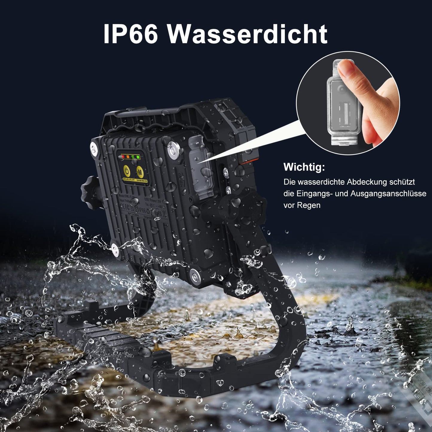 MEIHUA LED construction spotlight 60W 6400LM work light, IP66 waterproof portable rechargeable 14000mAh with adapter, 4 modes for workshop construction site garage outdoor lighting camping