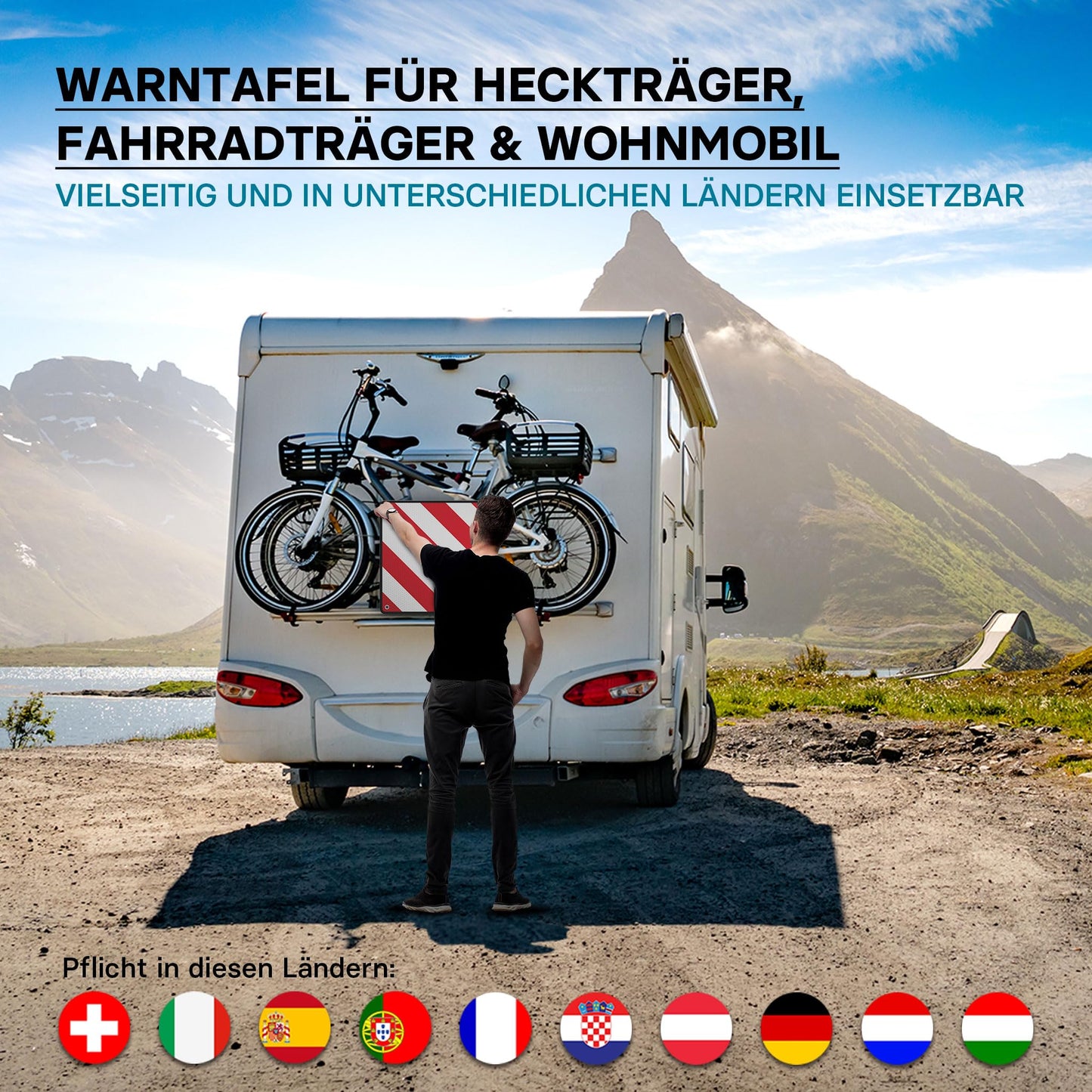 Wiltec 2in1 red and white warning sign for Spain and Italy made of aluminum with mounting holes 500x500 mm reflective warning sign for bicycle carriers and rear carriers to mark protruding cargo.
