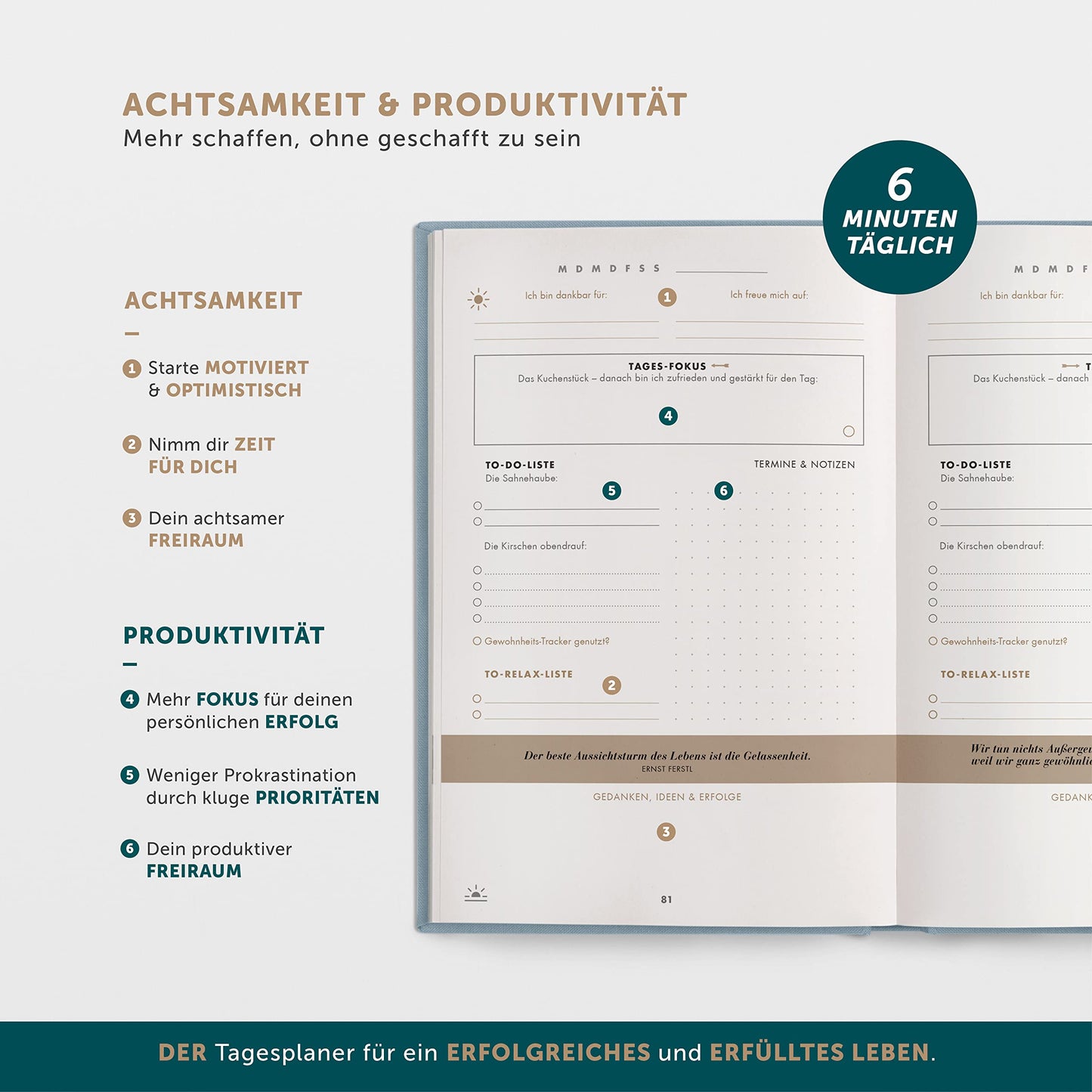 6-Minute Diary Success Journal PURE - The #1 daily planner for more motivation & success - Undated journal book - Achieve goals more calmly and focused with journaling