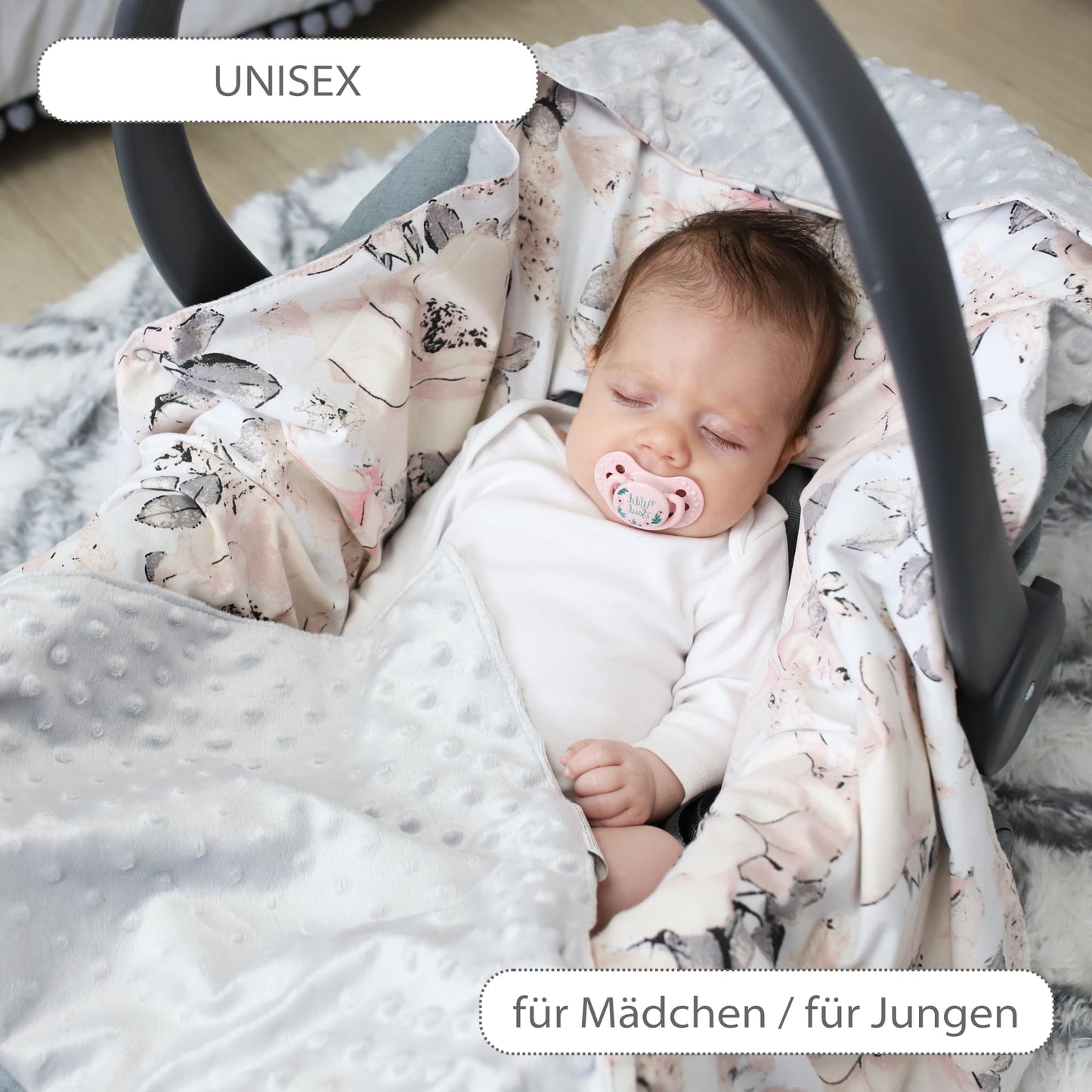 Impact blanket for infant car seat, baby blanket 90x90 cm - footmuff for stroller and car seat. All-season use for newborns and toddlers. Compatible with 3 and 5 point harness. Made of Minky Oeko-Tex fabric.