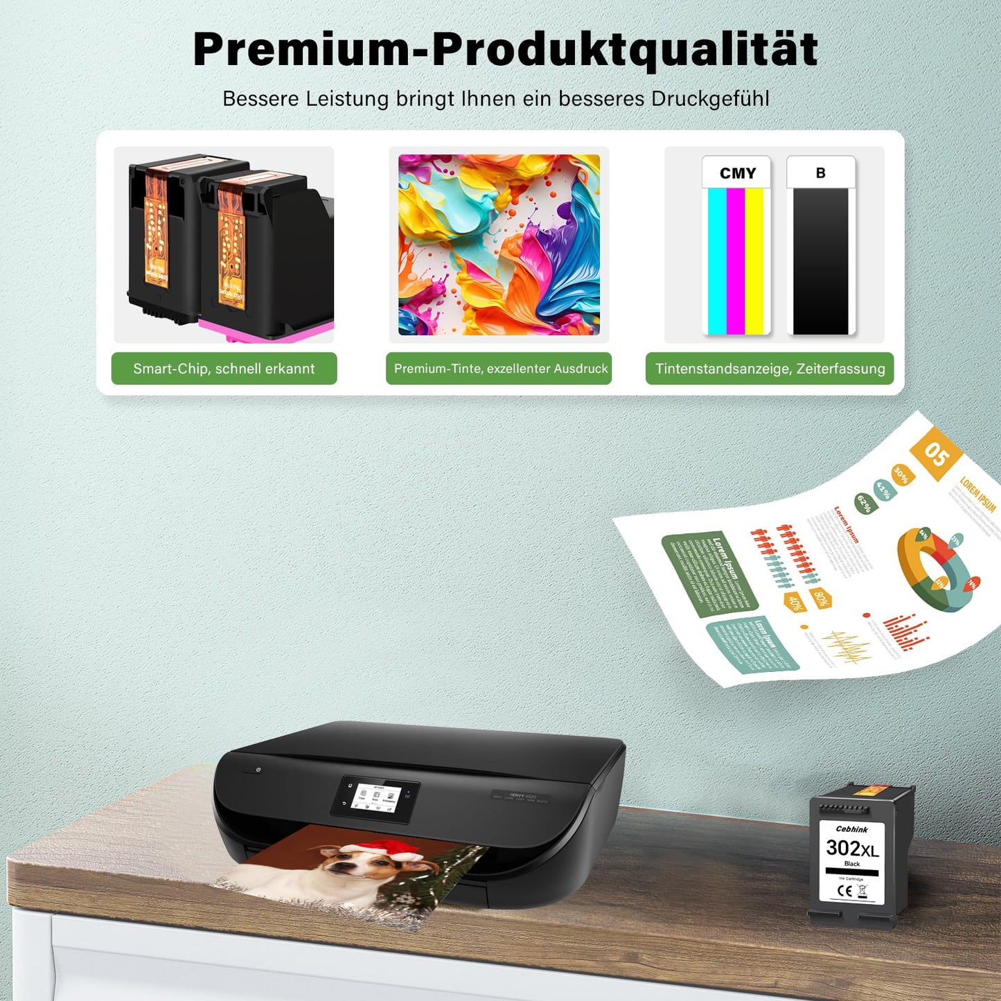 302 XL black printer cartridges replacement for HP 302 black printer cartridges. Compatible with HP Envy 4520 4522 4525 4527 DeskJet 3630 3636 3638 3639 3633 2130 OfficeJet 3831 3830 3833 5220 5230. 1 black.