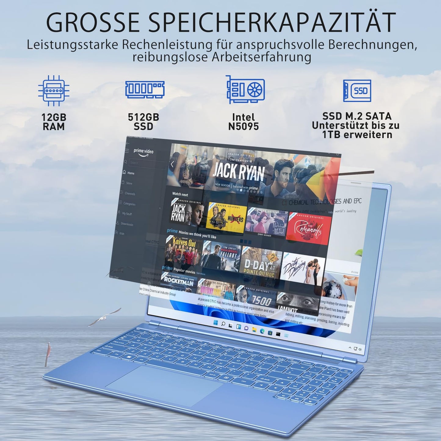 AOCWEI Laptop 16 inch 12GB RAM 512GB ROM Expandable 2.5" 1TB SSD, Laptop Win 11 with 4-Core CPU N5095 (up to 2.9 GHz), 1920 * 1200丨5G WiFi丨Bluetooth & German Keyboard Stickers-Blue