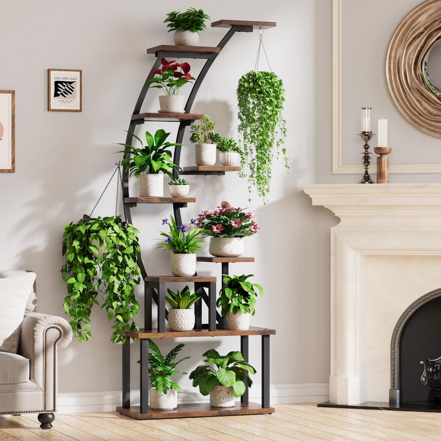 BACEKOLL Indoor Plant Stand: 9-tier metal plant shelf, 160cm tall, accommodates multiple houseplants, corner flower rack for living room, patio, metal/wood, black.