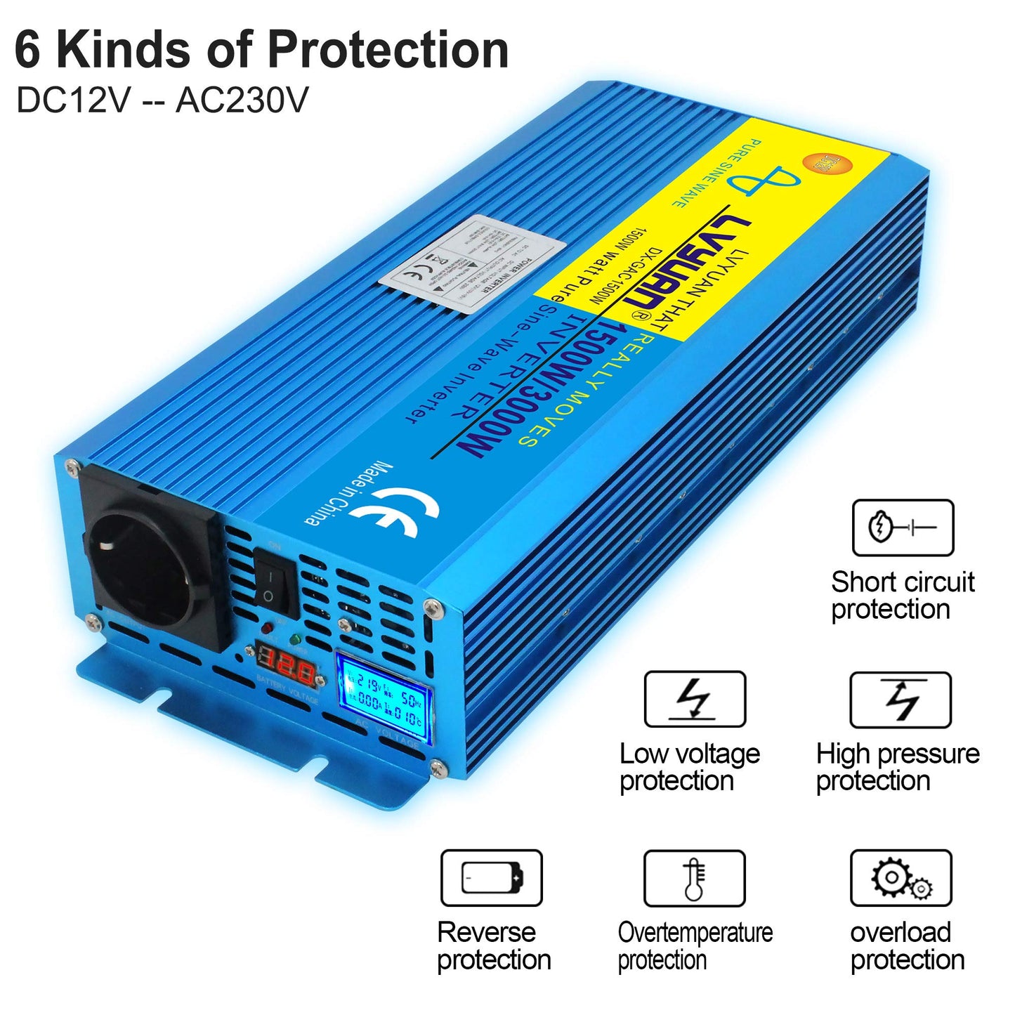 Cantonape 12V 230V inverter 1500W/3000W pure sine wave with remote control, EU socket, LED+LCD display, for car, caravan, boat, camping, travel.