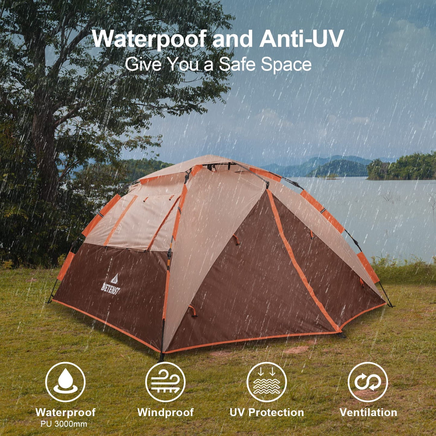 Prayset camping tent, pop-up tent for 3 persons, family dome tent waterproof, windproof with 2 mesh doors, 2 mesh windows, 2 in 1 double layers, carry bag for camping, hiking, backpacking.