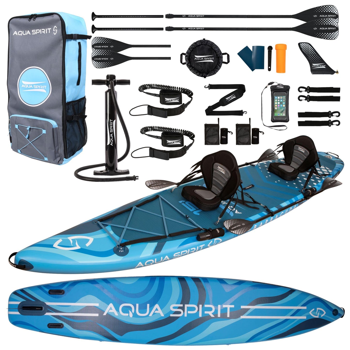 Aqua Spirit Inflatable Stand Up Paddle Board SUP Barracuda Kayak Package | 457 x 91 x 15cm | Adult Beginner/Expert | 150kg Limit | Seat, Paddle & Kayak Blade, Pump, Go Pro Mount, Bag