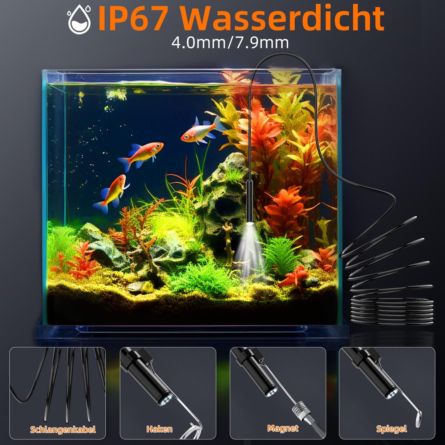 Endoscope camera with light 5m, Ennovor 1080P HD Digital Endoscope with 4.3-inch IPS screen, IP67 Waterproof Pipe Camera with 8 adjustable LEDs, 8mm snake camera inspection camera.