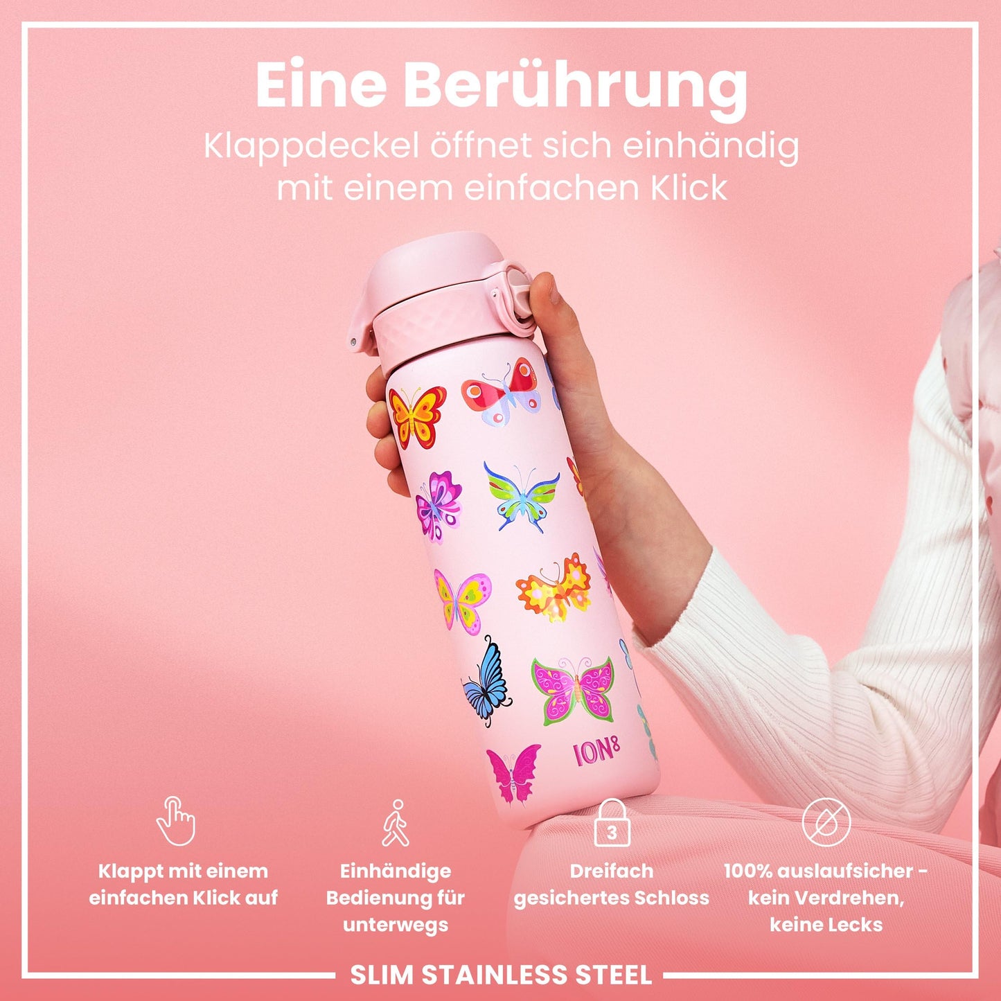 ion8 600ml stainless steel water bottle. Non-insulated, leak-proof, one-handed opening, secure locking, dishwasher safe, flip lid, carrying handle. Easy to clean, butterfly design.