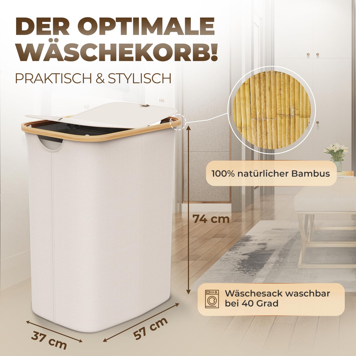 Laundry basket 150L with 2 lids and 2 compartments - Foldable laundry collector made of bamboo fabric Beige - Laundry box, laundry chest, laundry container, laundry separator for bathroom, bedroom & laundry room.