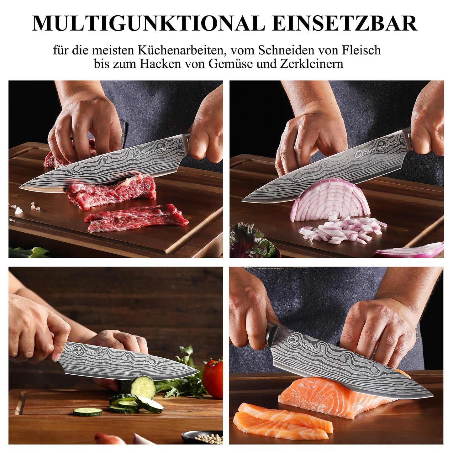 Sunnecko 20cm kitchen knife chef knife professional sharp stainless steel meat knife with Pakkawood handle multipurpose sharp blade with gift box