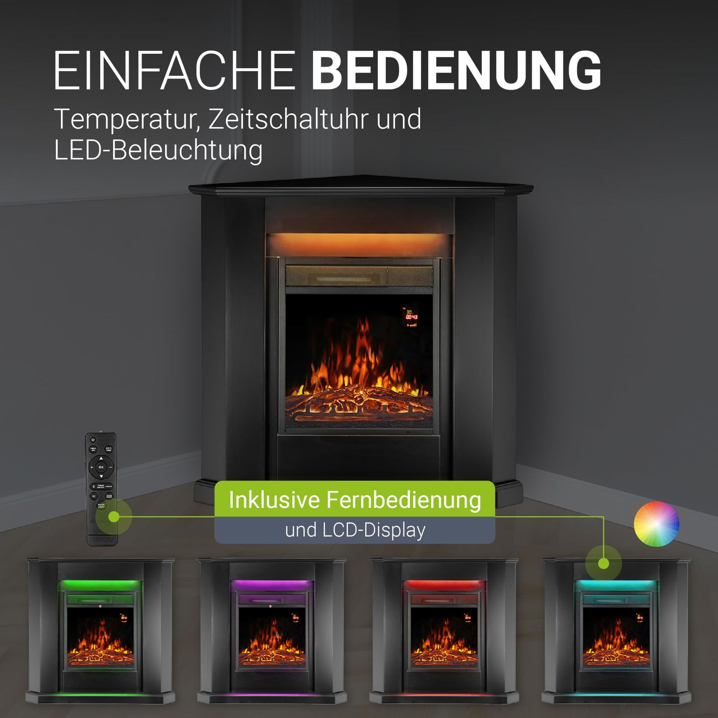 Juskys Electric Fireplace 1000/2000 W with heating, fireplace, flame effect, remote control, LED lighting & timer - Electric Corner Fireplace in black.