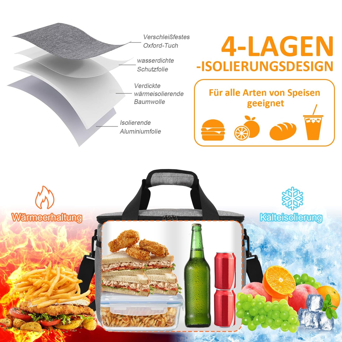 CALIYO Cooler Bag 15L Foldable & Portable with Zipper - Lunch Bag for Men and Women, Insulated Lunch Tote for Work, School, Picnic, Travel - 3 Sizes: 8.5 L / 15 L / 24 L (Grey)