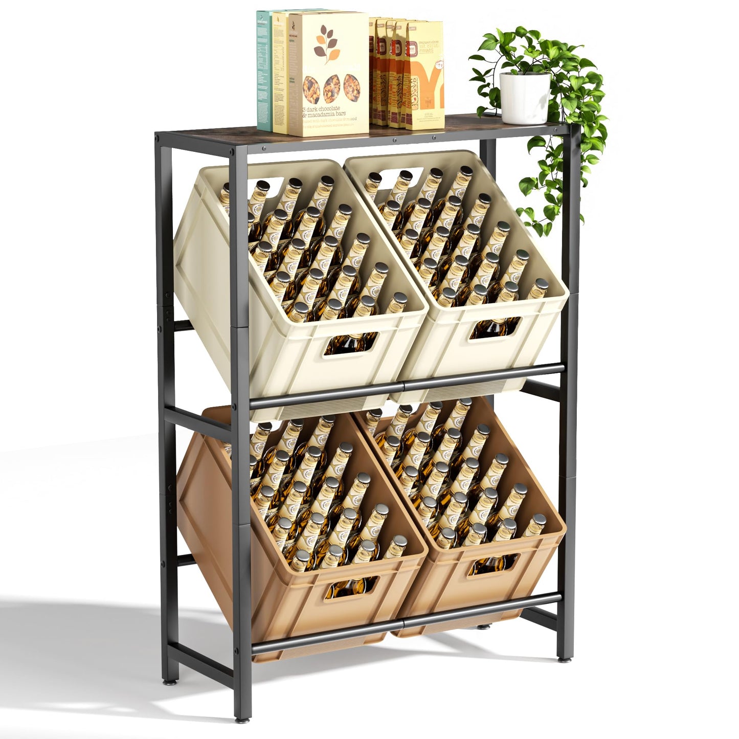 PickPiff 4 Crates Beverage Crate Rack with Shelf - Black Metal Drink Rack, Space-saving Crate Rack with 2 Levels for Beer, Fruit, Vegetables, Water - For Living Room, Kitchen & Basement, 4 Boxes