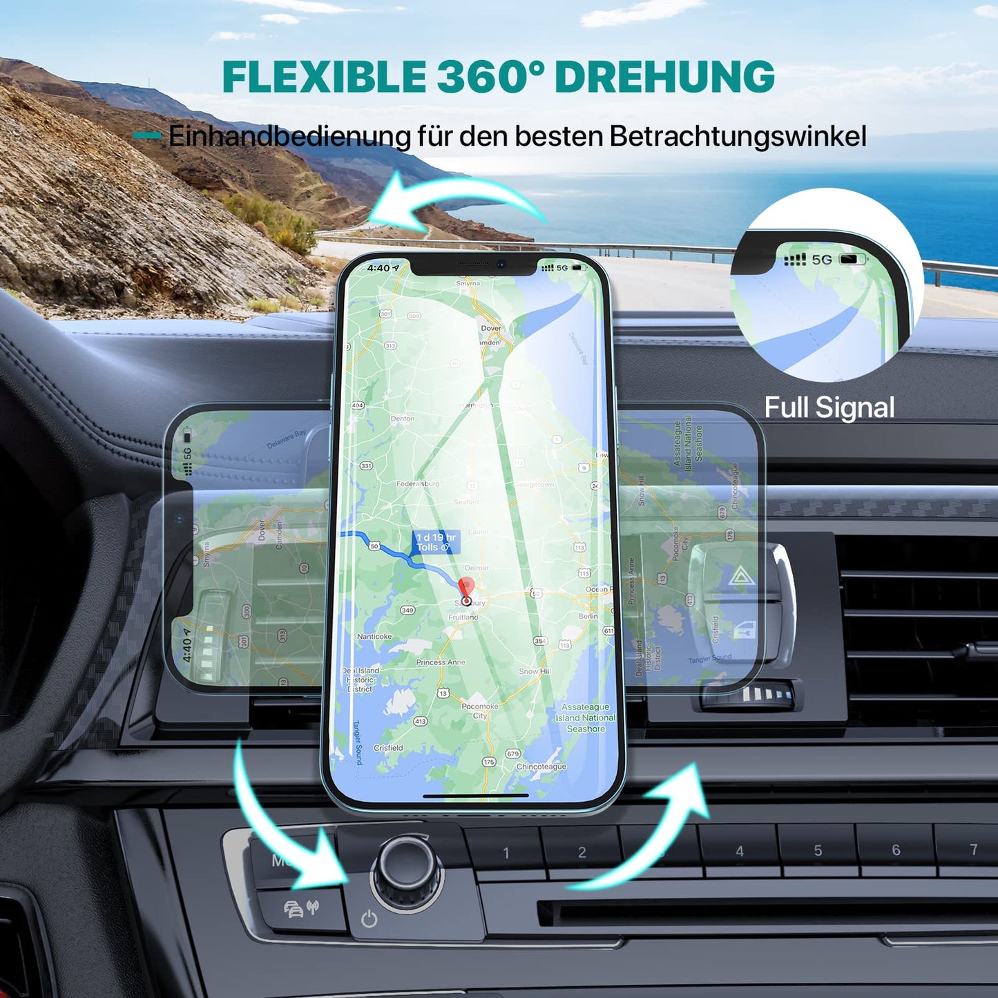 Miracase phone holder with 6 strong magnets, 2 metal plates, universal 360° magnetic car phone holder for iPhone, Samsung, Huawei smartphones.