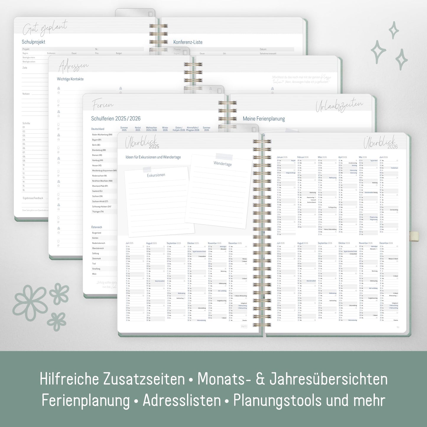 Häfft® Teacher Planner 2025/2026 A4 + Deluxe "Green Canvas" Hardcover Teacher Planner, large school year planner with spiral binding, school planner - sustainable & environmentally friendly.