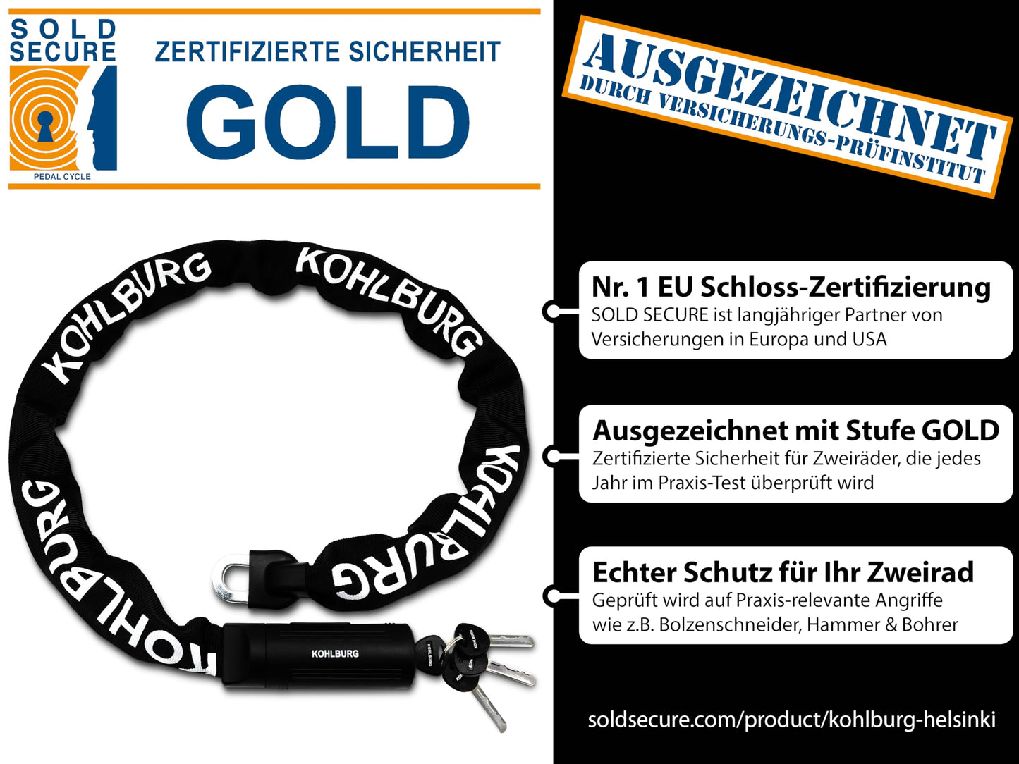 KOHLBURG Security Chain Lock - Lock 125cm long with 8.3mm thick 4-sided chain made of hardened special steel - secure bike lock with 4 keys for e-bikes, bicycles & motorcycles.