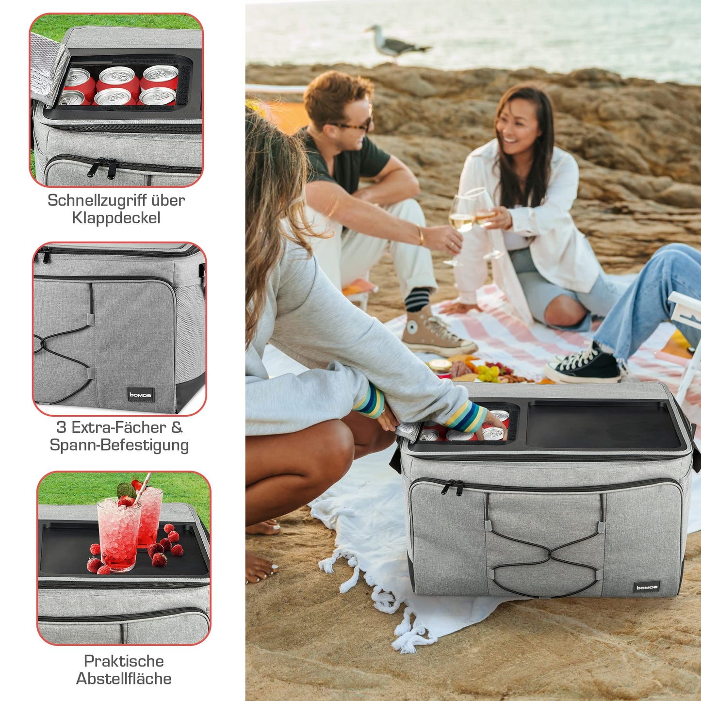 bomoe 52 liter XXL cooler bag foldable - outdoor cooler box 16h cooling function with shoulder strap, waterproof picnic bag thermal bag with storage surface, insulated bag gray - IceBreezer KT53