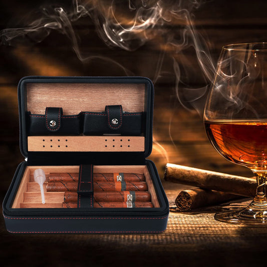 4-finger portable travel leather cigar case, cigar cutter, cigar humidifier with cigar cutter and humidifier, best man gift, birthday gift.