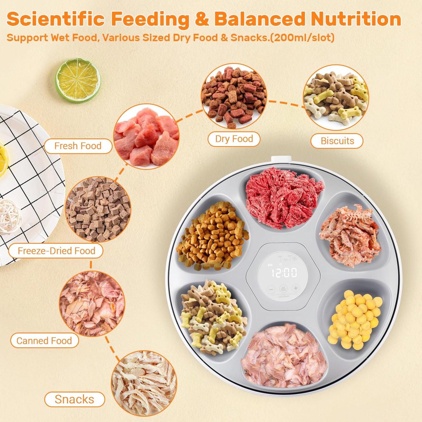 Automatic cat feeder for wet food, 6 meals cat feeder with 2 ice packs, programmable timer, rechargeable cordless automatic pet feeder.