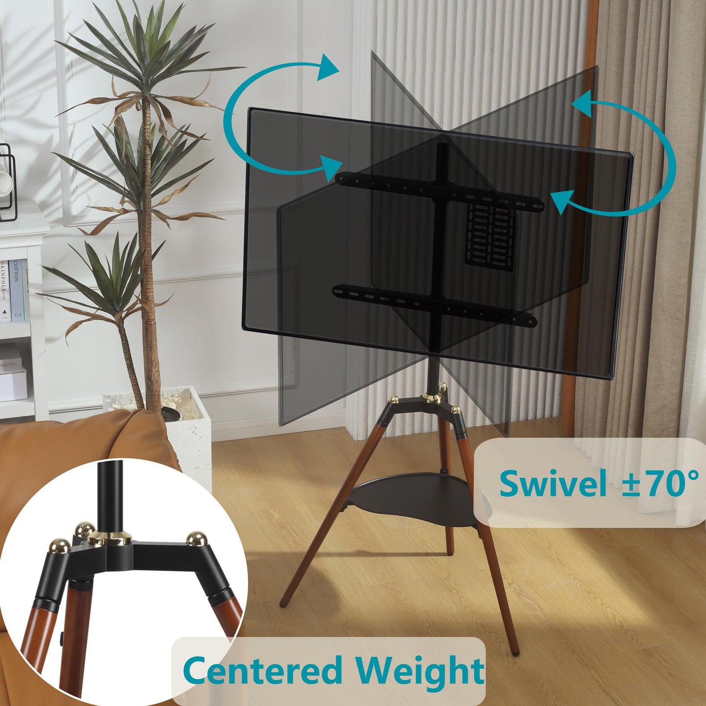 ETHU Tripod TV Stand Wooden TV Easel for 32-65 inch TVs, Height Adjustable TV Floor Stand with Media Shelf for LED/LCD Screens, TV Stand with 140° Swivel Function VESA 600x400mm
