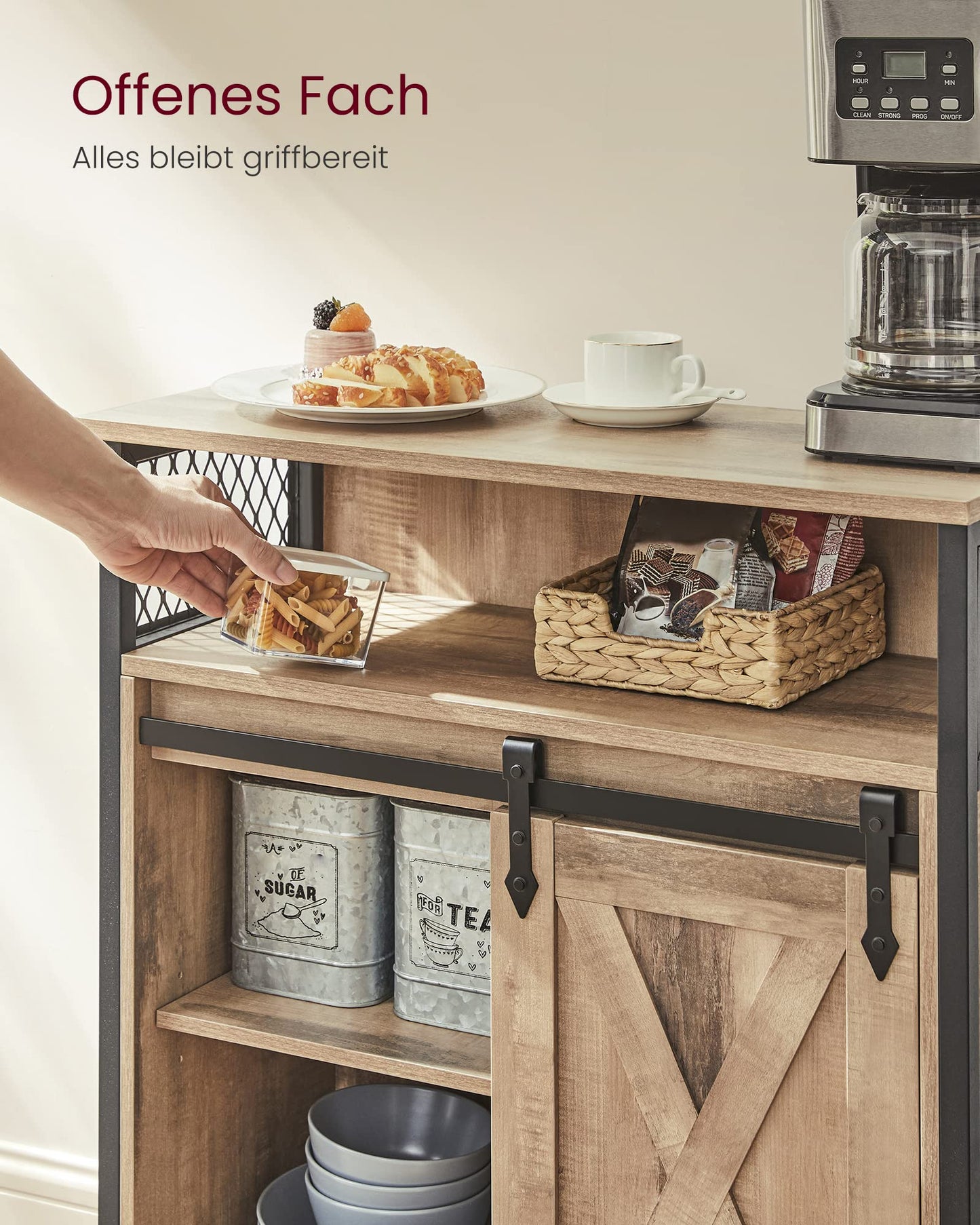 VASAGLE sideboard, kitchen cabinet, storage cabinet, with sliding door, 30 x 70 x 80 cm, adjustable shelf, open compartment, country style, for living room, oak brown-black LSC089B50