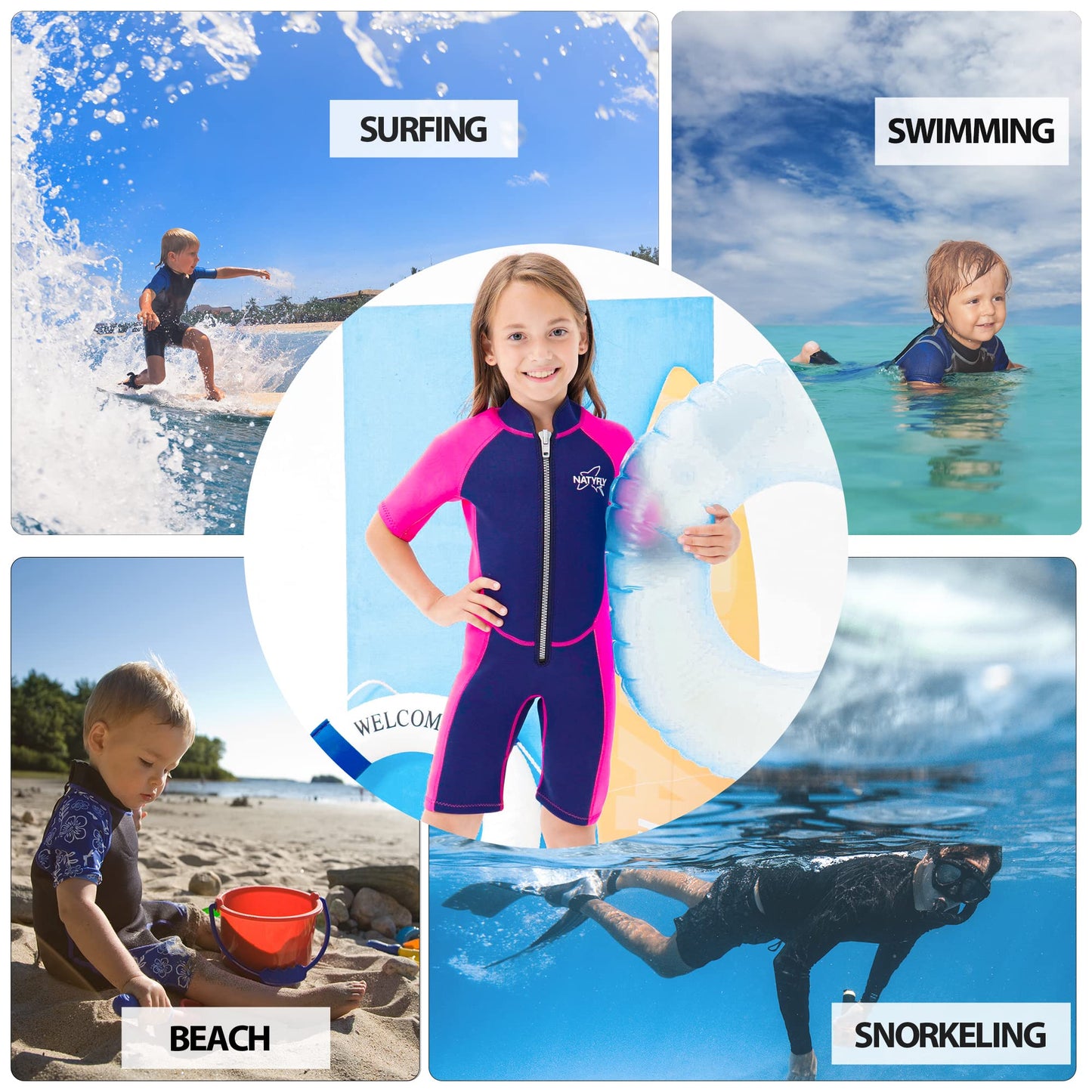 NATYFLY Kids Shorty Wetsuit 2.5mm Children's Neoprene Thermal Swimsuit UV Protection Swimsuits for Girls Boys One Piece WetSuits (Pink, 6 Years)