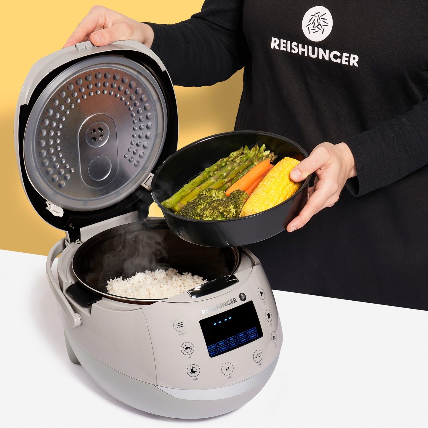 REISHUNGER Digital Rice Cooker & Steamer Gray | 1.5 L for up to 8 persons | Keep warm function, timer & premium inner pot | Multicooker, 12 programs, 7-phase technology
