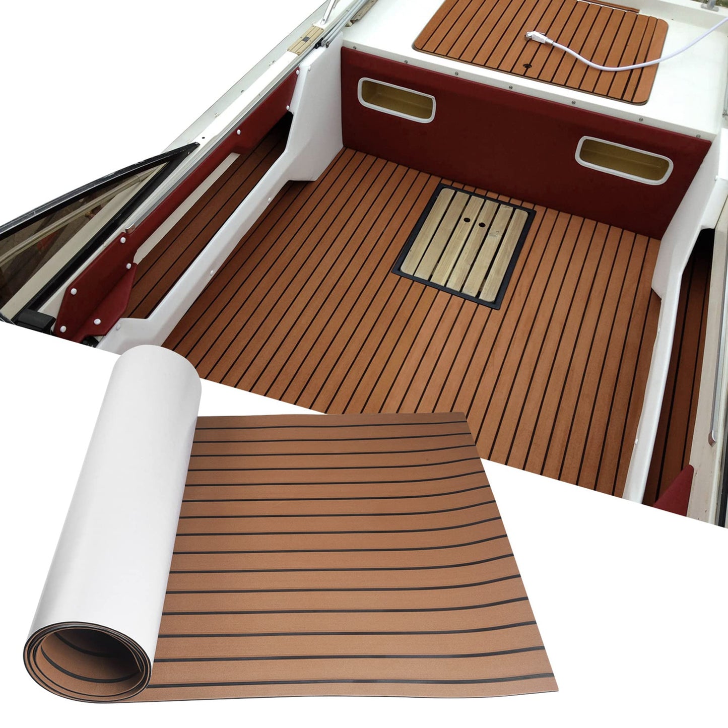 SenMore Eva Teak Self-Adhesive Foam Boat Yacht Floor Non-Slip Mat Marine Deck Hardware for Boats Yacht Marine Carpet with Self-Adhesive Back, 240x90cm
