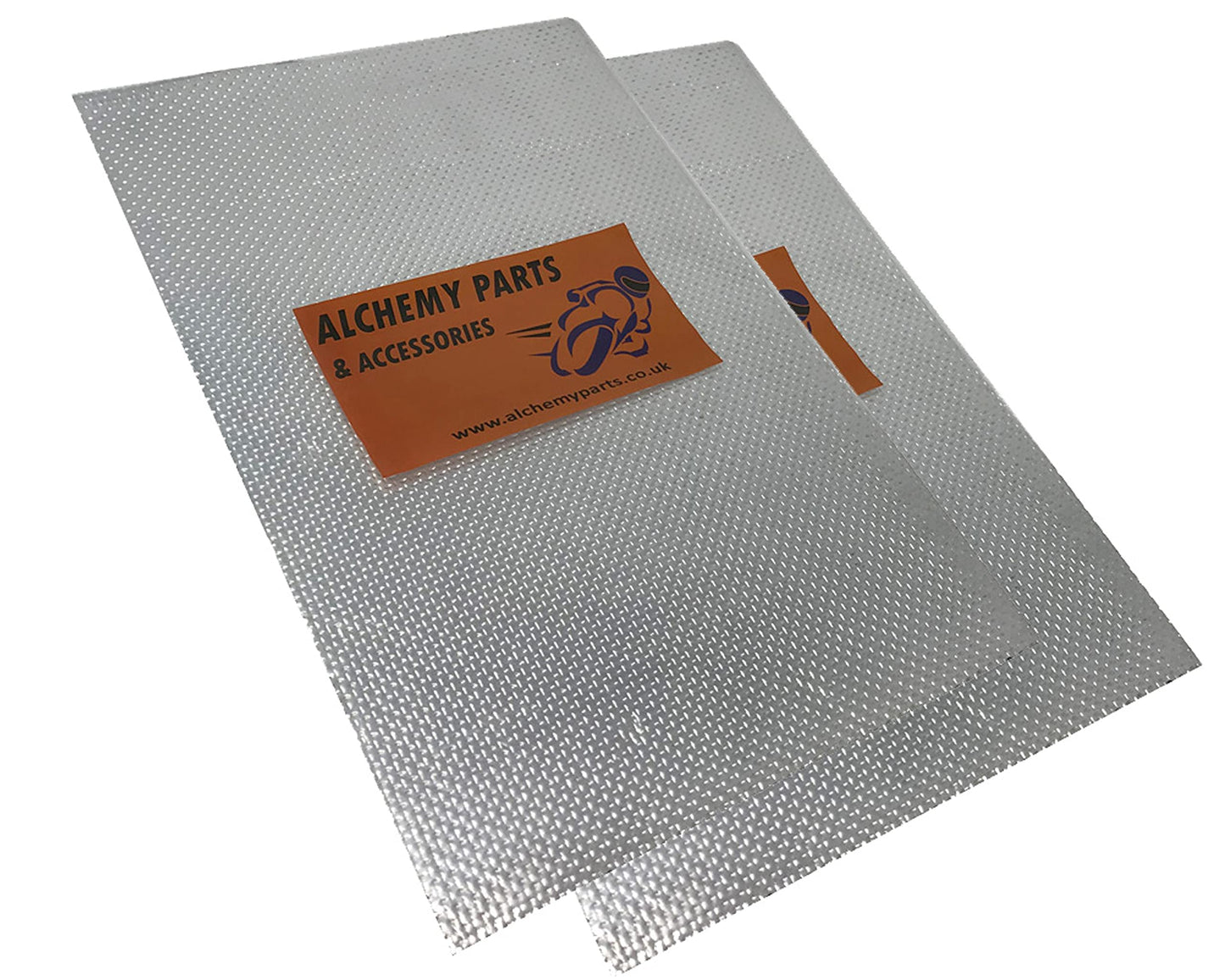 2 x self-adhesive heat shielding exhaust or engine aluminum reflective sheet 100cm x 33cm. Ideal for motorcycle fairings and cars.