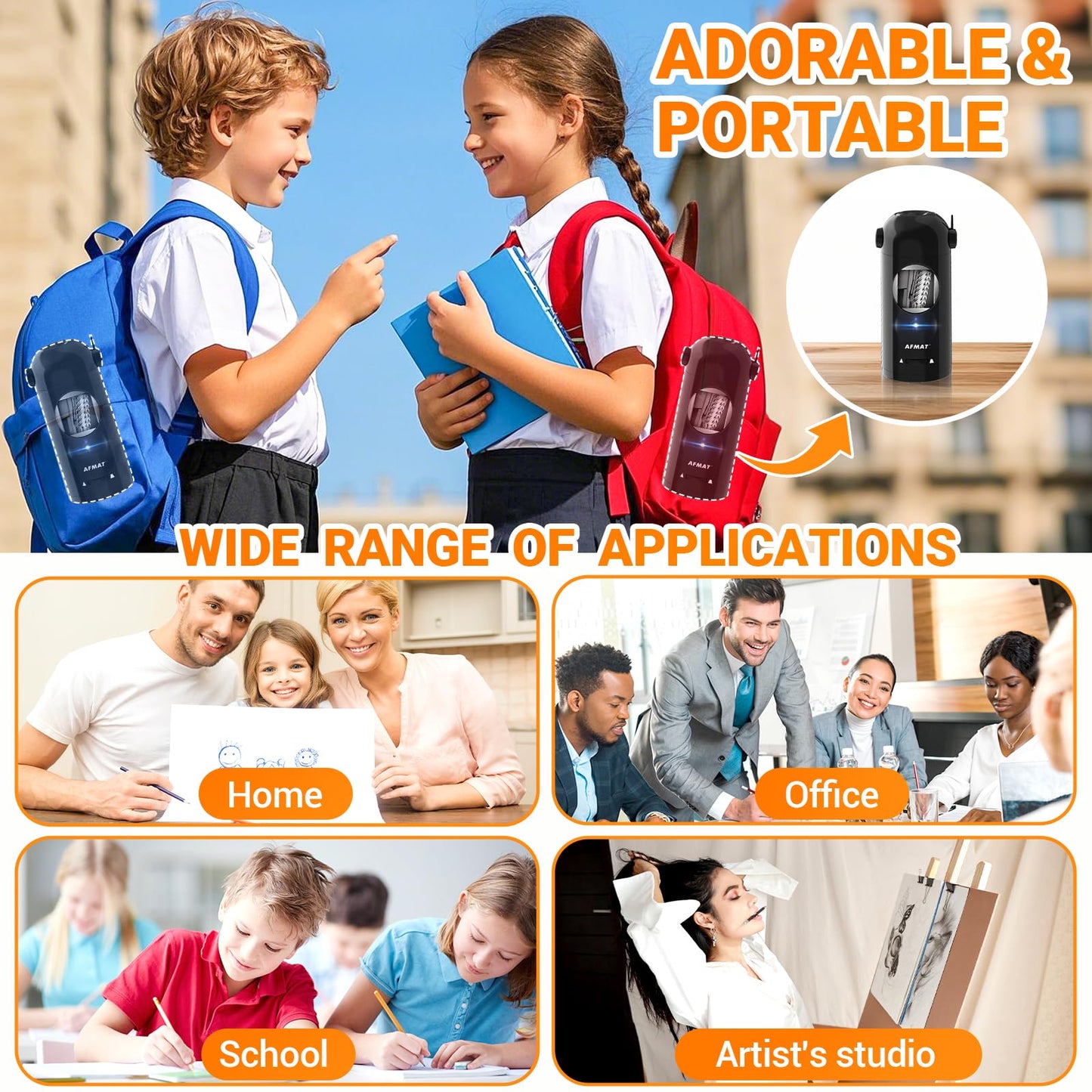 AFMAT Fully Automatic Electric Pencil Sharpener with Container, Electric Sharpener for 7-11.5mm pencils, Portable and Safe, Rechargeable Pencil Sharpener for Home, Office, School, Black