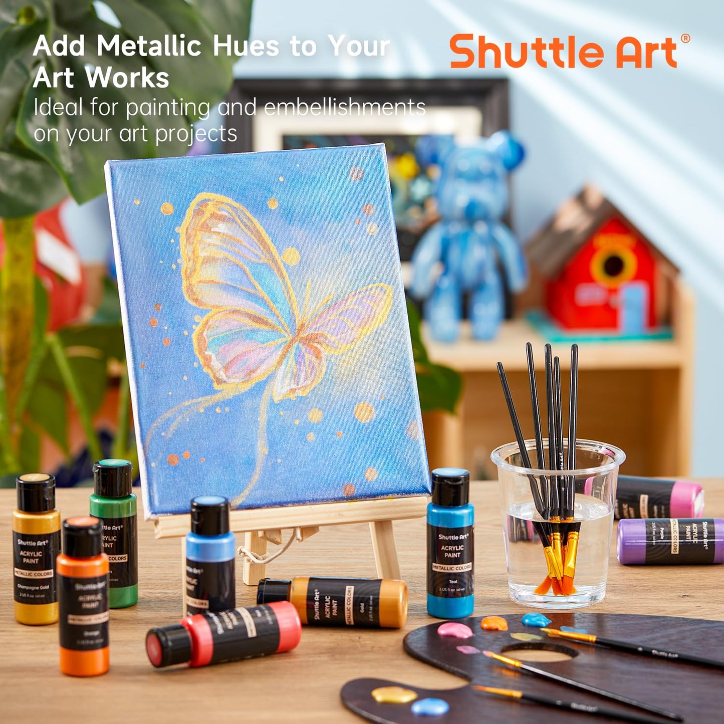 Shuttle Art Metallic Acrylic Paint Set, 20x60ml Metallic Acrylic Paint +10 Brush Set +1 Palette, Acrylic Paint Set for Kids, Adults for Crafting, Painting, Dotting on Canvas, Wood, Stone, Halloween.
