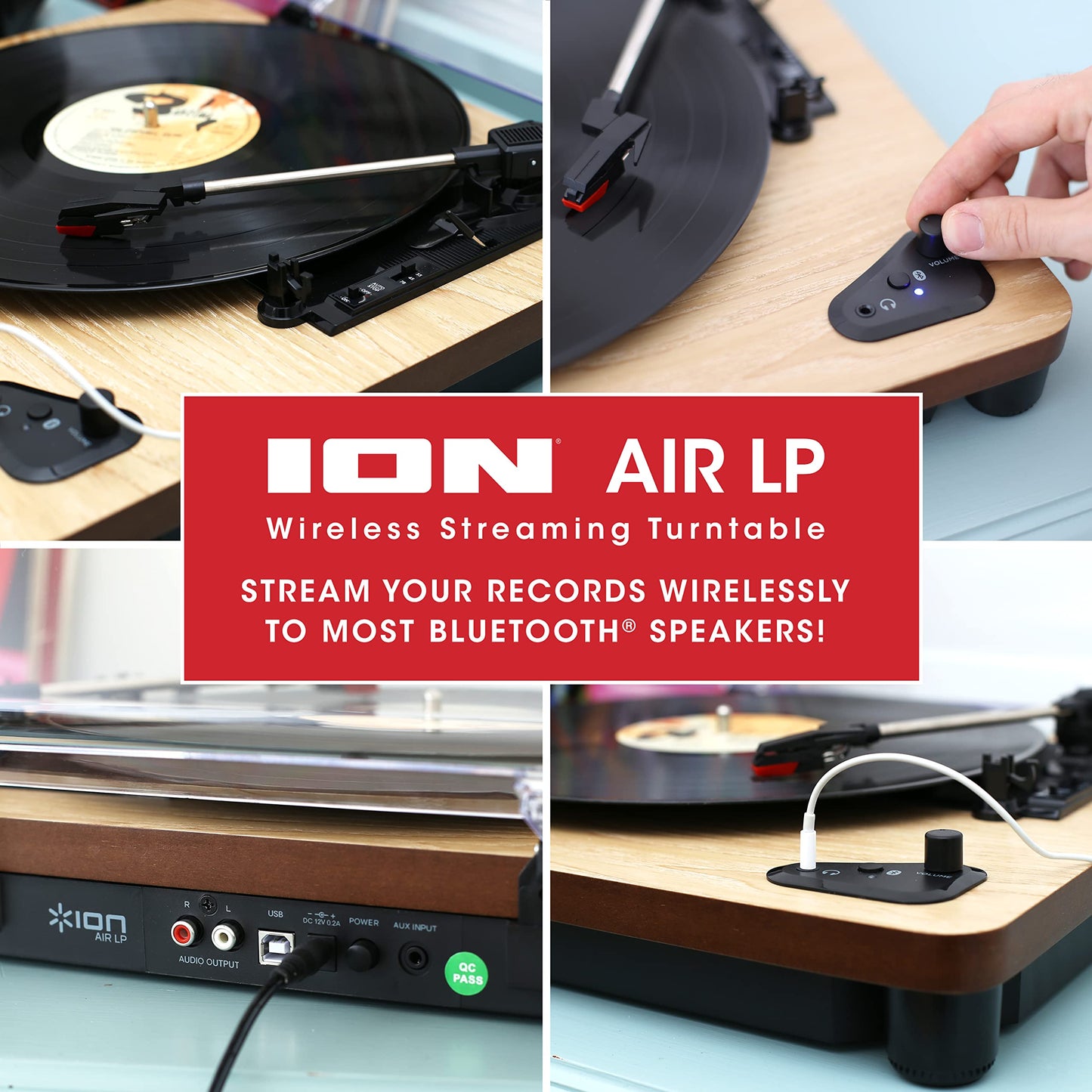 ION Audio Air LP - Vintage USB Bluetooth turntable with three speeds and vinyl to MP3 conversion for Mac/PC, elegant wood finish.