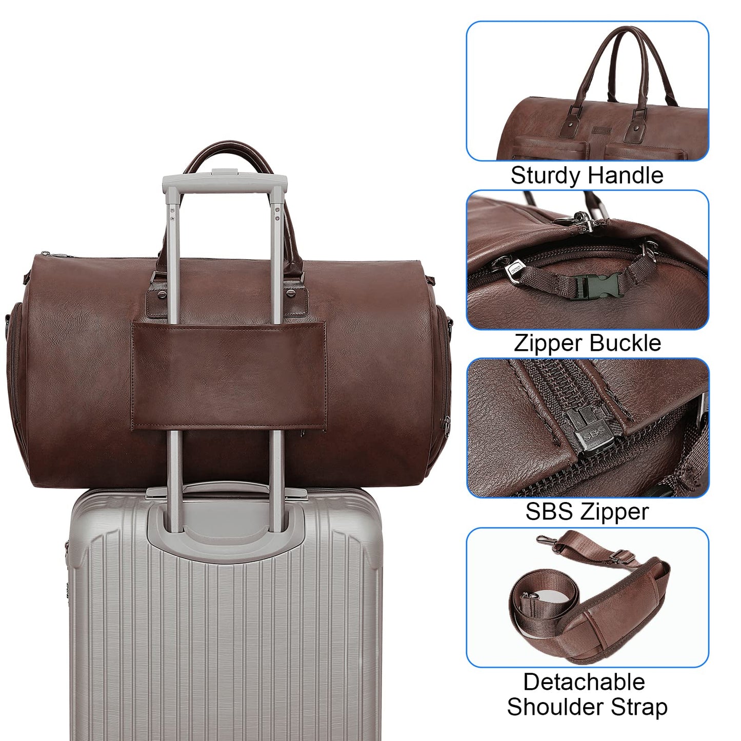 Modoker Convertible Leather Garment Bag, Carry-On for Travel, Waterproof Garment Bag, Gifts for Men, Women, Business - 2 in 1 hanging suitcase, suit, travel bags, brown